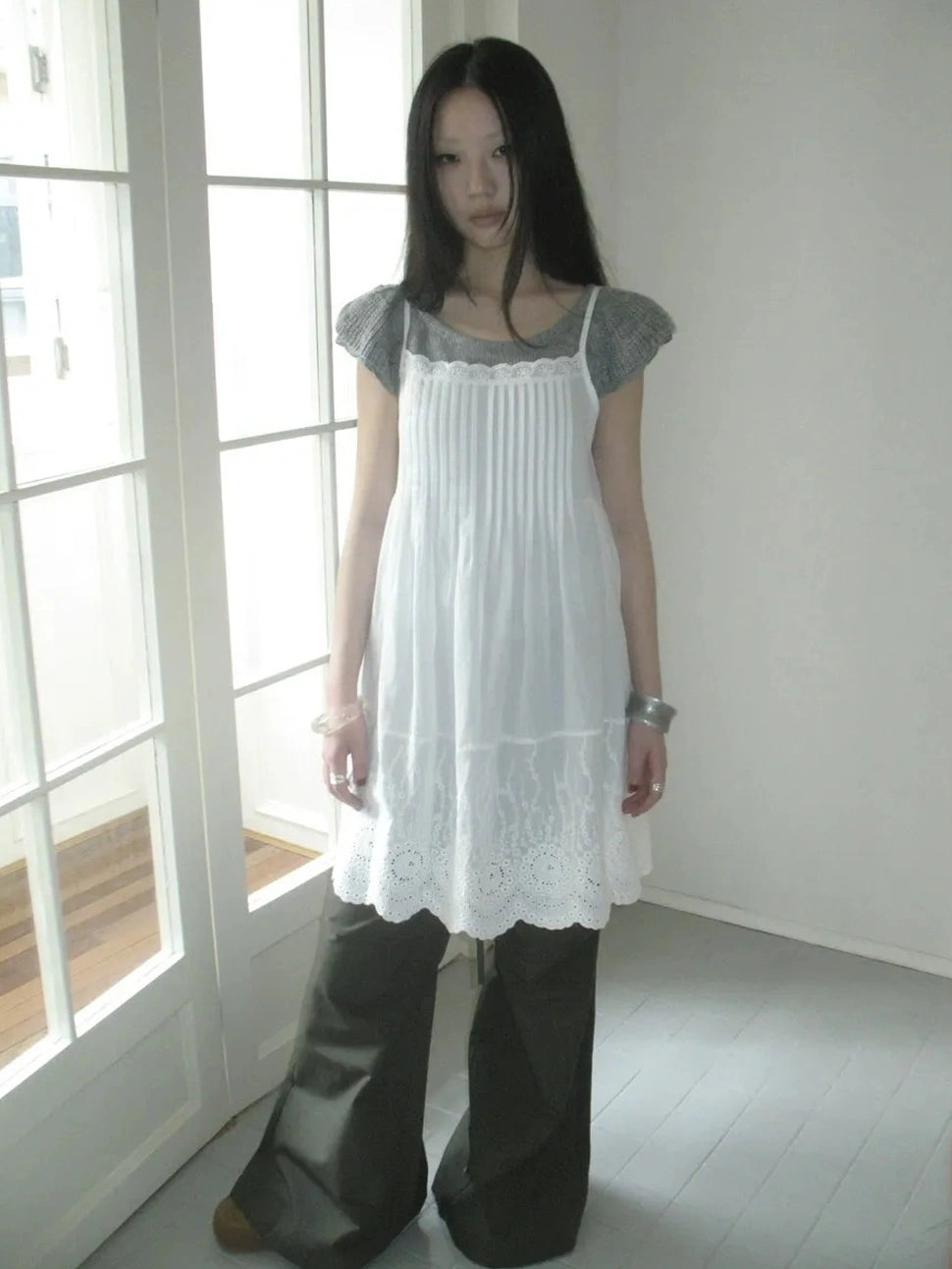 Vintage Pleated Lace Slip Dress Dresses