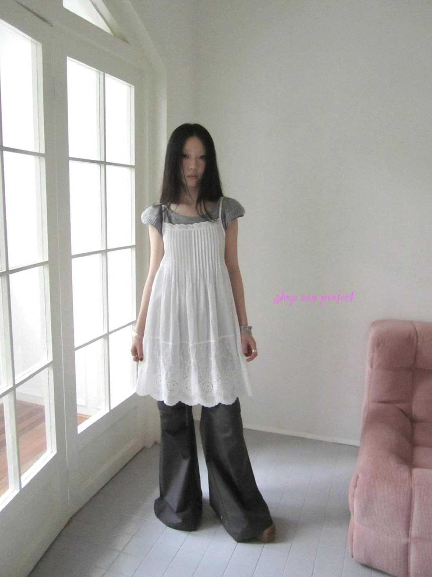 Vintage Pleated Lace Slip Dress Dresses