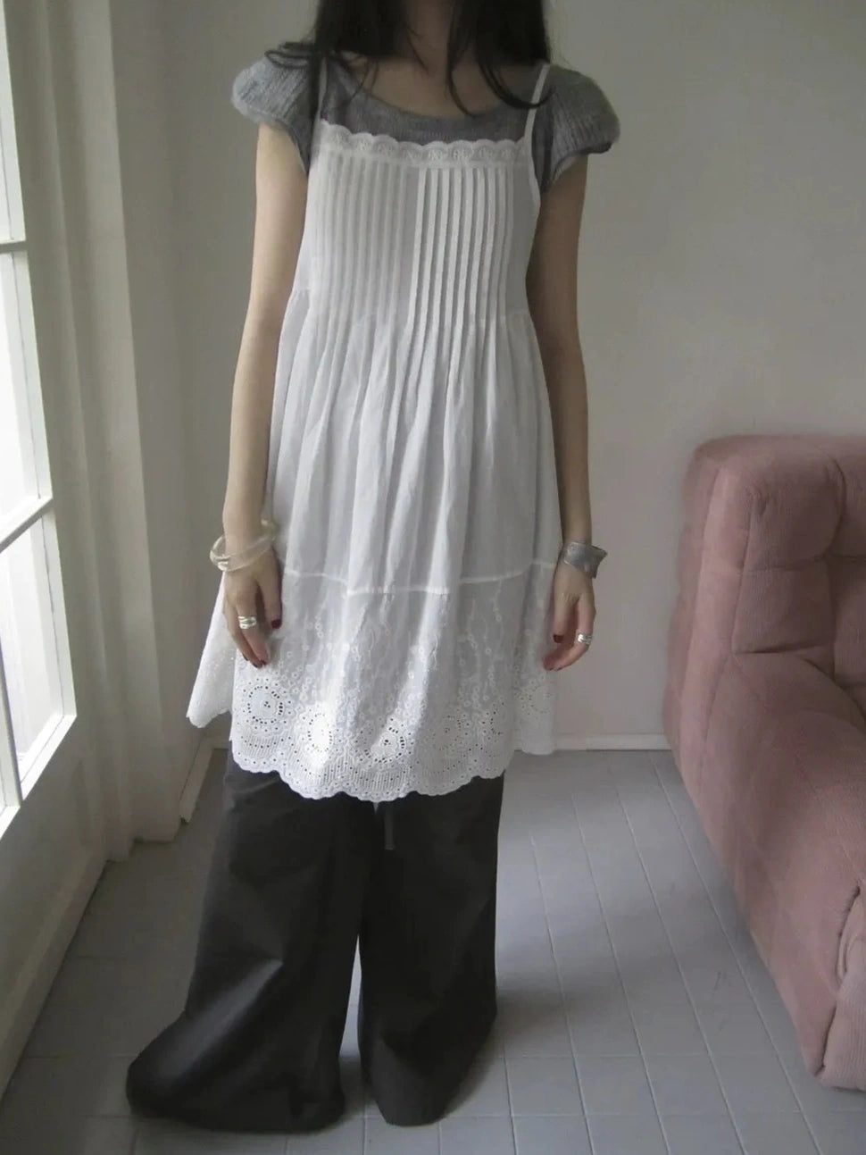 ang project Vintage Pleated Lace Slip Dress Dresses