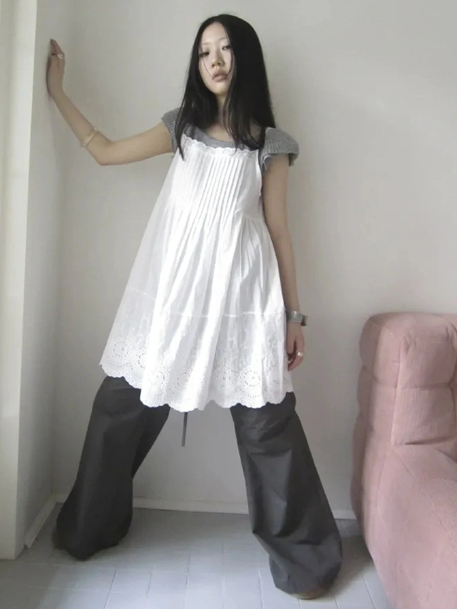 Vintage Pleated Lace Slip Dress Dresses