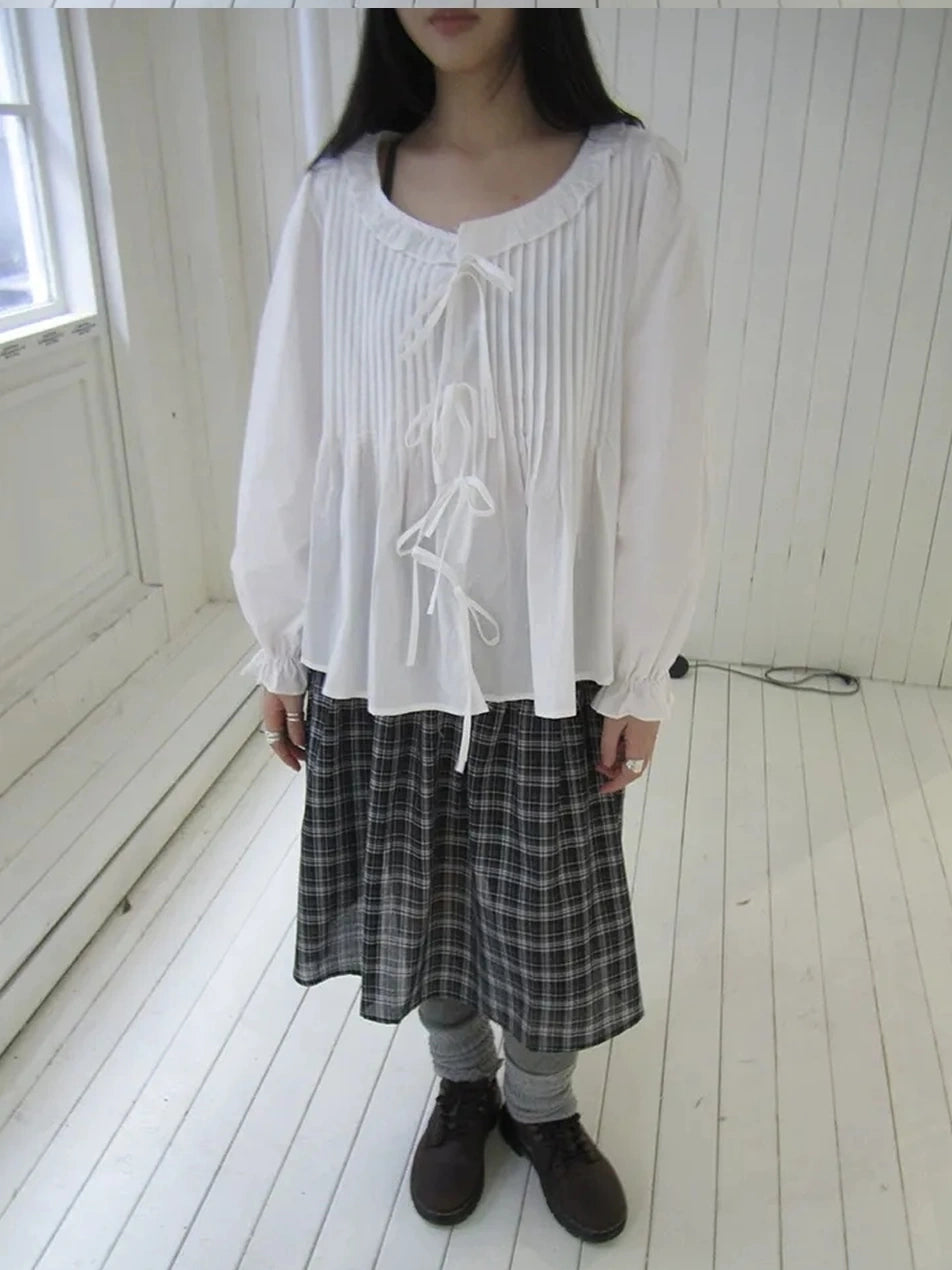ang project Vintage Pleated Lace Trim Blouse With Lantern Sleeves Shirts