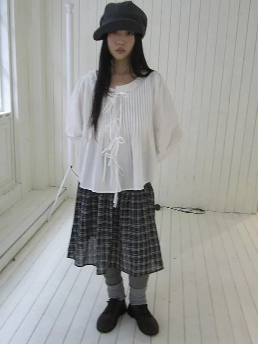 ang project Vintage Pleated Lace Trim Blouse With Lantern Sleeves Shirts