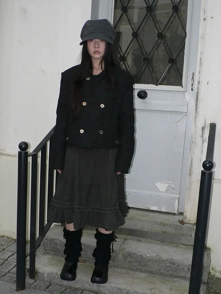 ang project Vintage Pleated Ruffle Hem A Line Skirt Skirt