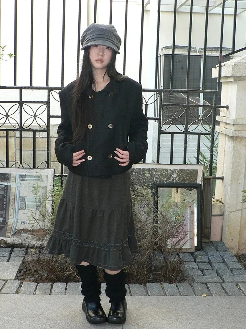 ang project Vintage Pleated Ruffle Hem A Line Skirt Skirt