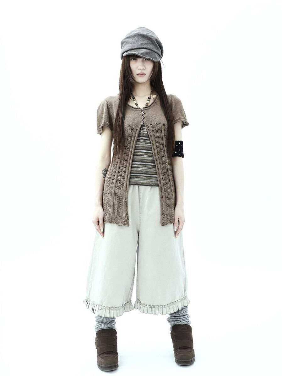 ang project Vintage Pleated Ruffle Hem High Waist Wide Leg Women&