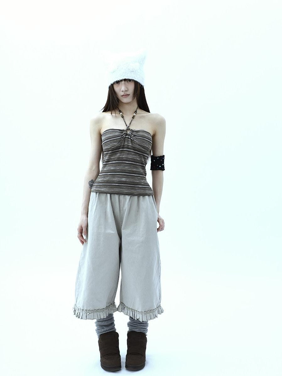ang project Vintage Pleated Ruffle Hem High Waist Wide Leg Women&