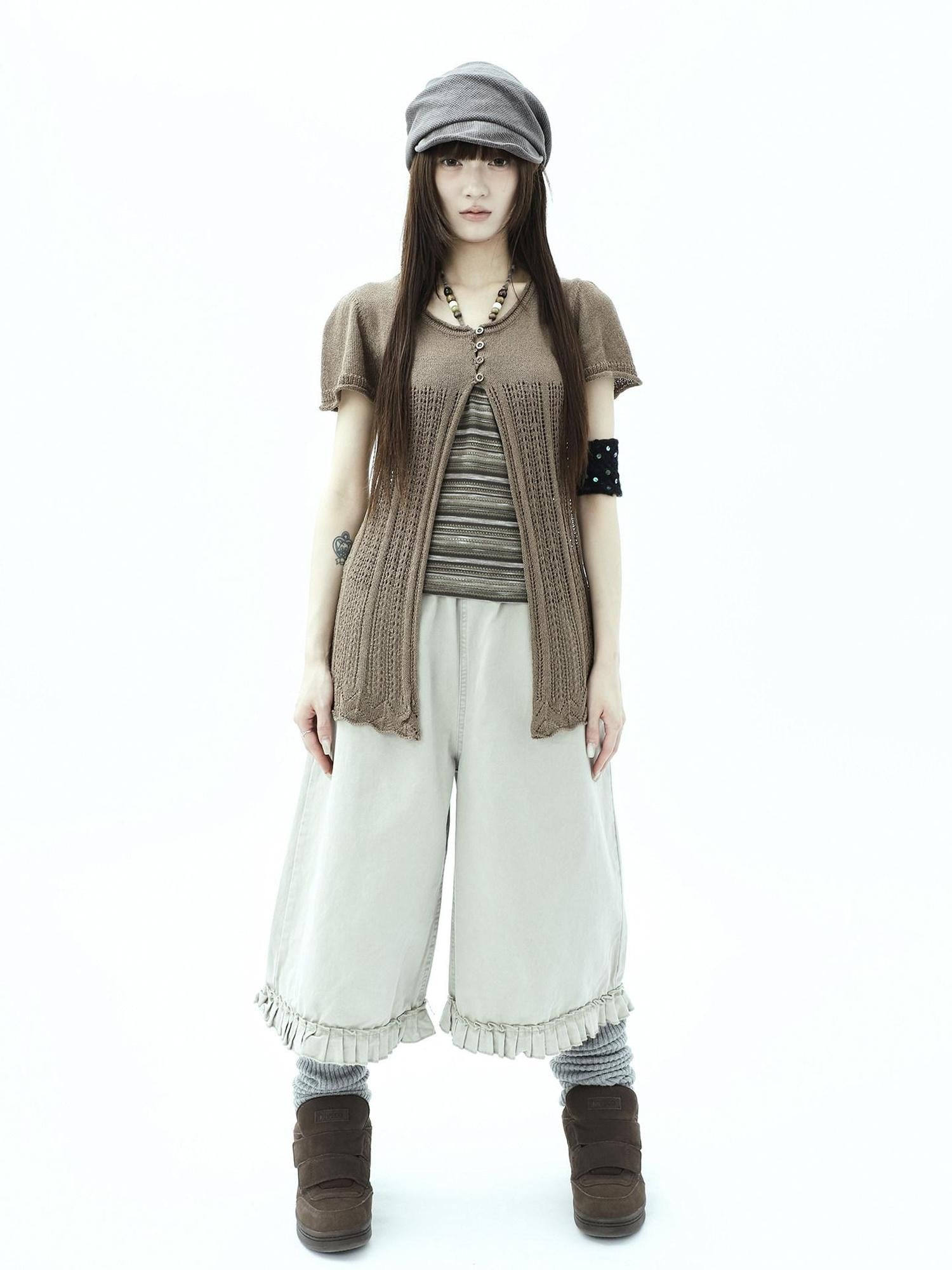 ang project Vintage Pleated Ruffle Hem High Waist Wide Leg Women&