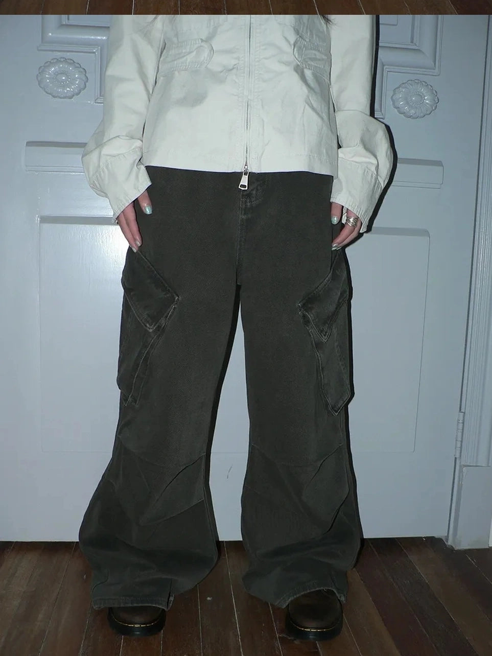 ang project Vintage Pleated Wide Leg Cargo Jeans Pants