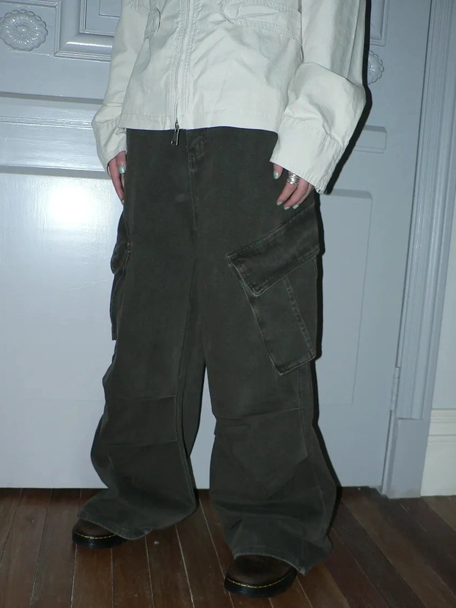 ang project Vintage Pleated Wide Leg Cargo Jeans Pants