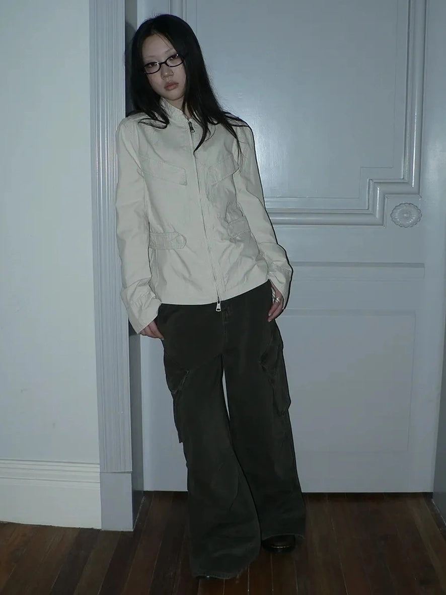 ang project Vintage Pleated Wide Leg Cargo Jeans Pants