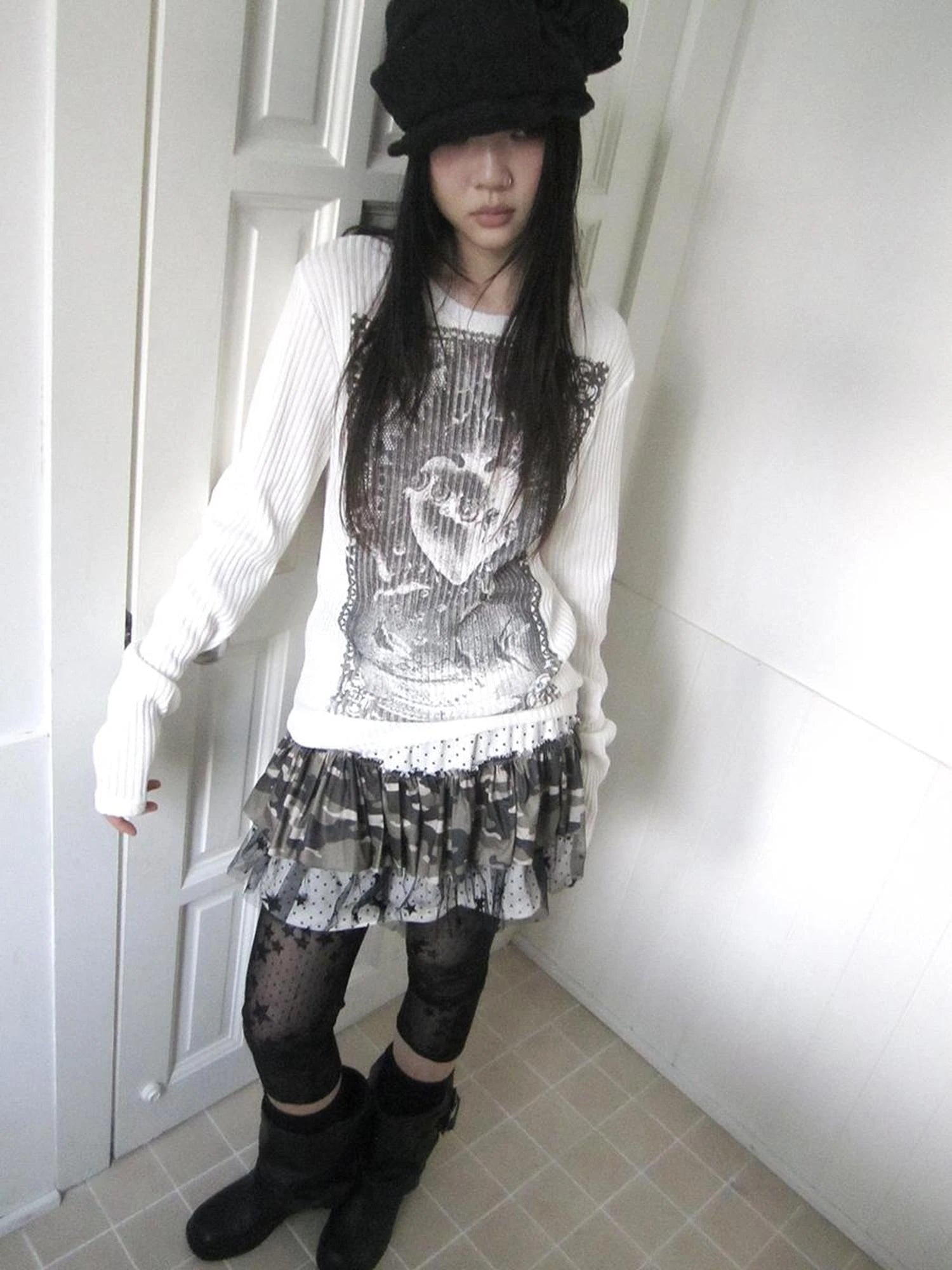 Vintage Print Knit Sweater Long Sleeve Autumn Elastic