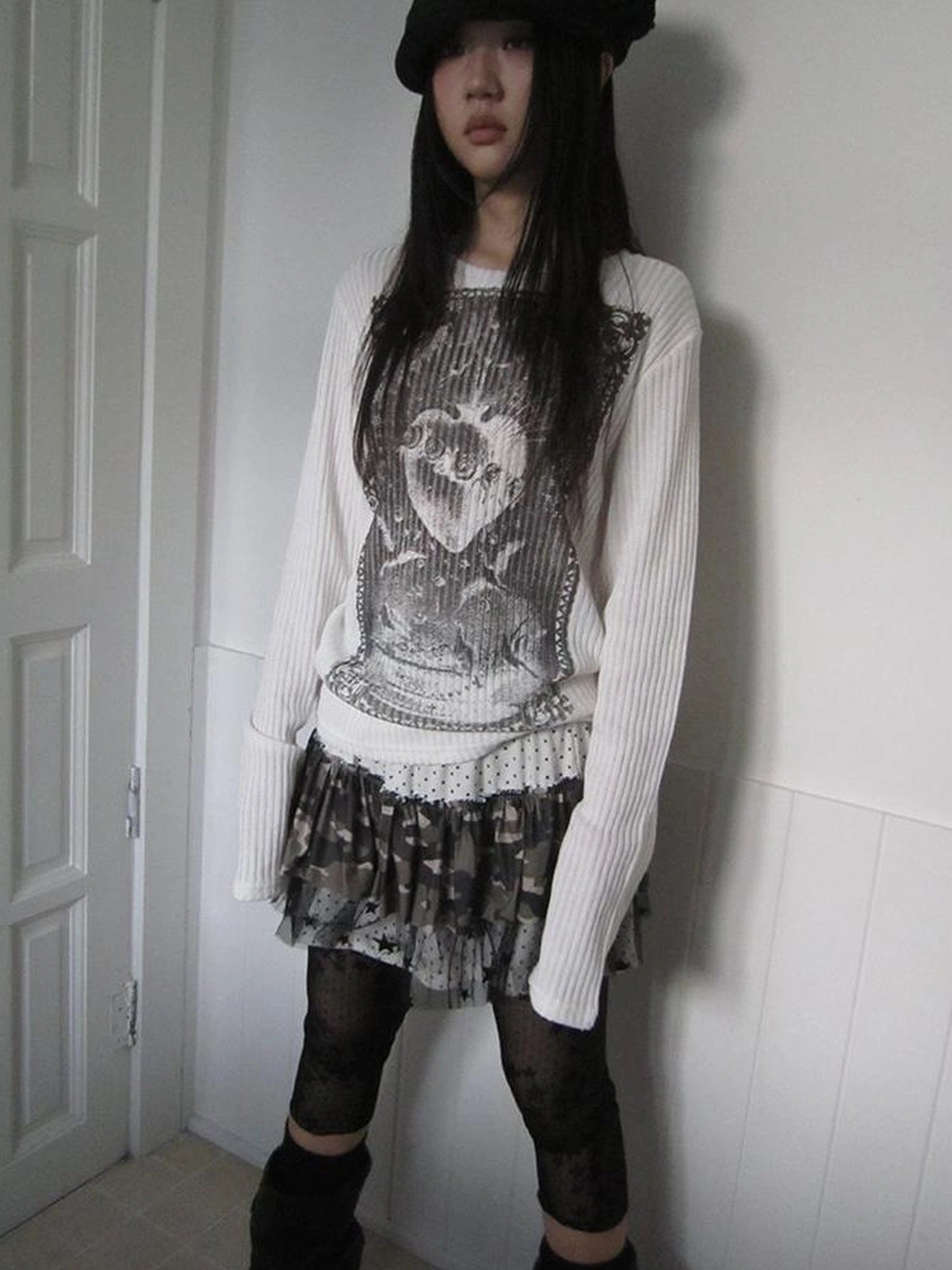 Vintage Print Knit Sweater Long Sleeve Autumn Elastic