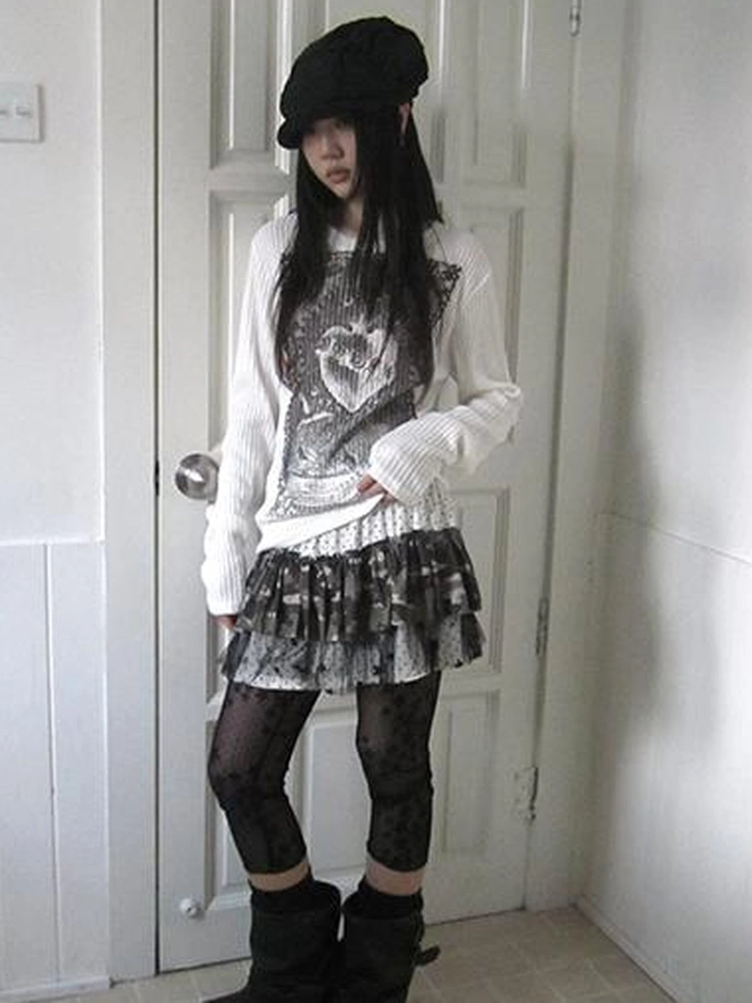 Vintage Print Knit Sweater Long Sleeve Autumn Elastic