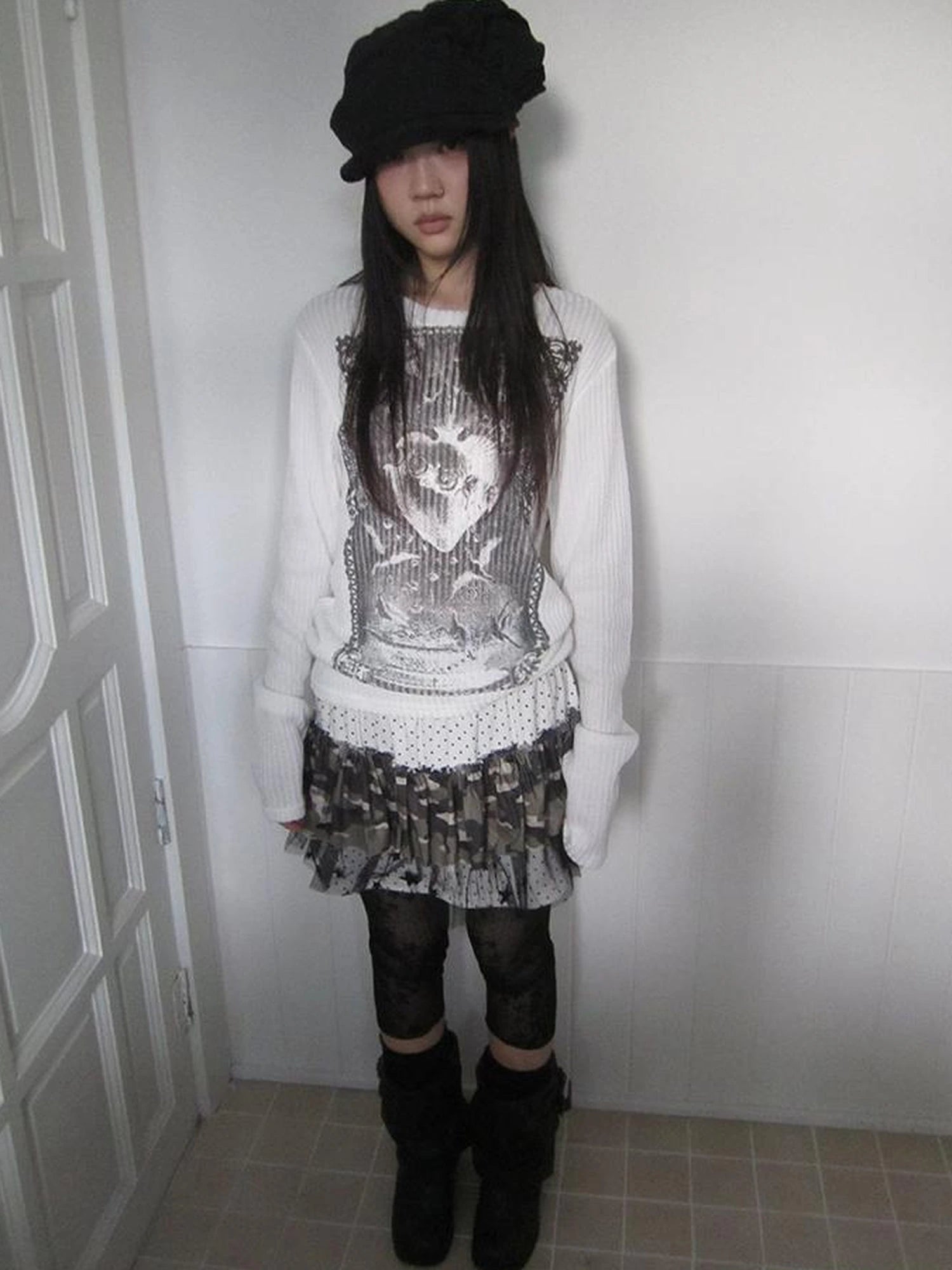 Vintage Print Knit Sweater Long Sleeve Autumn Elastic
