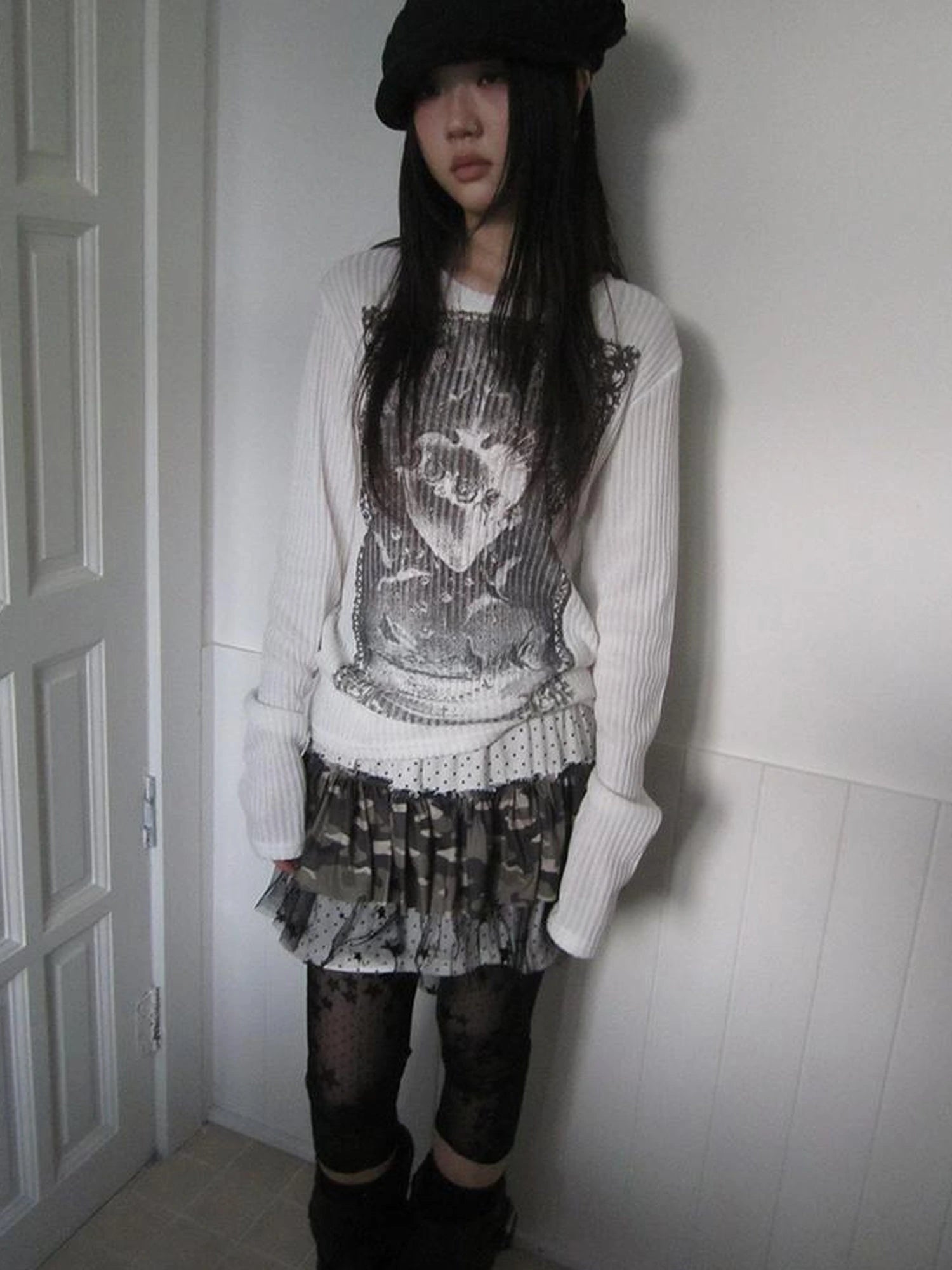 Vintage Print Knit Sweater Long Sleeve Autumn Elastic