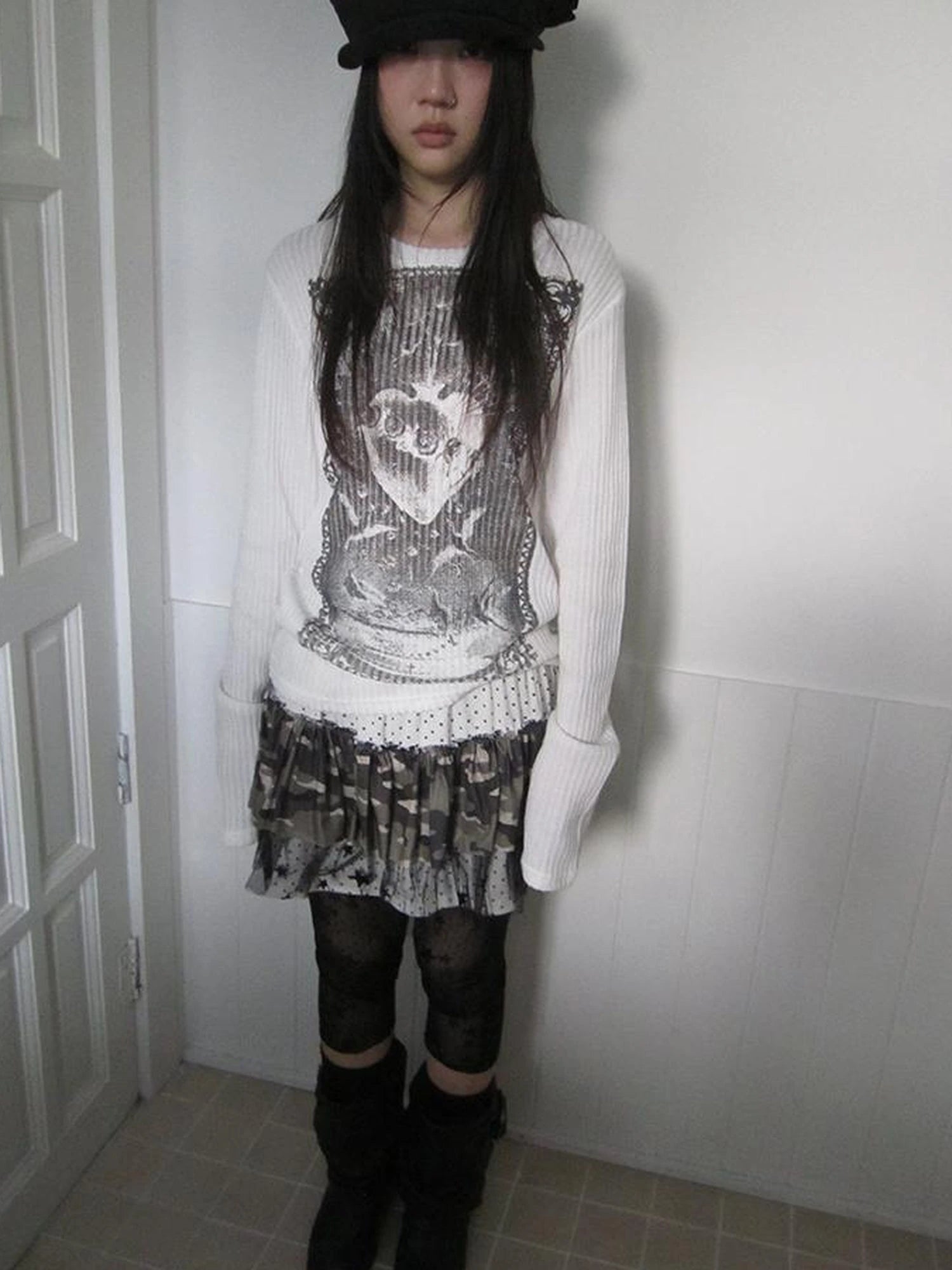 Vintage Print Knit Sweater Long Sleeve Autumn Elastic
