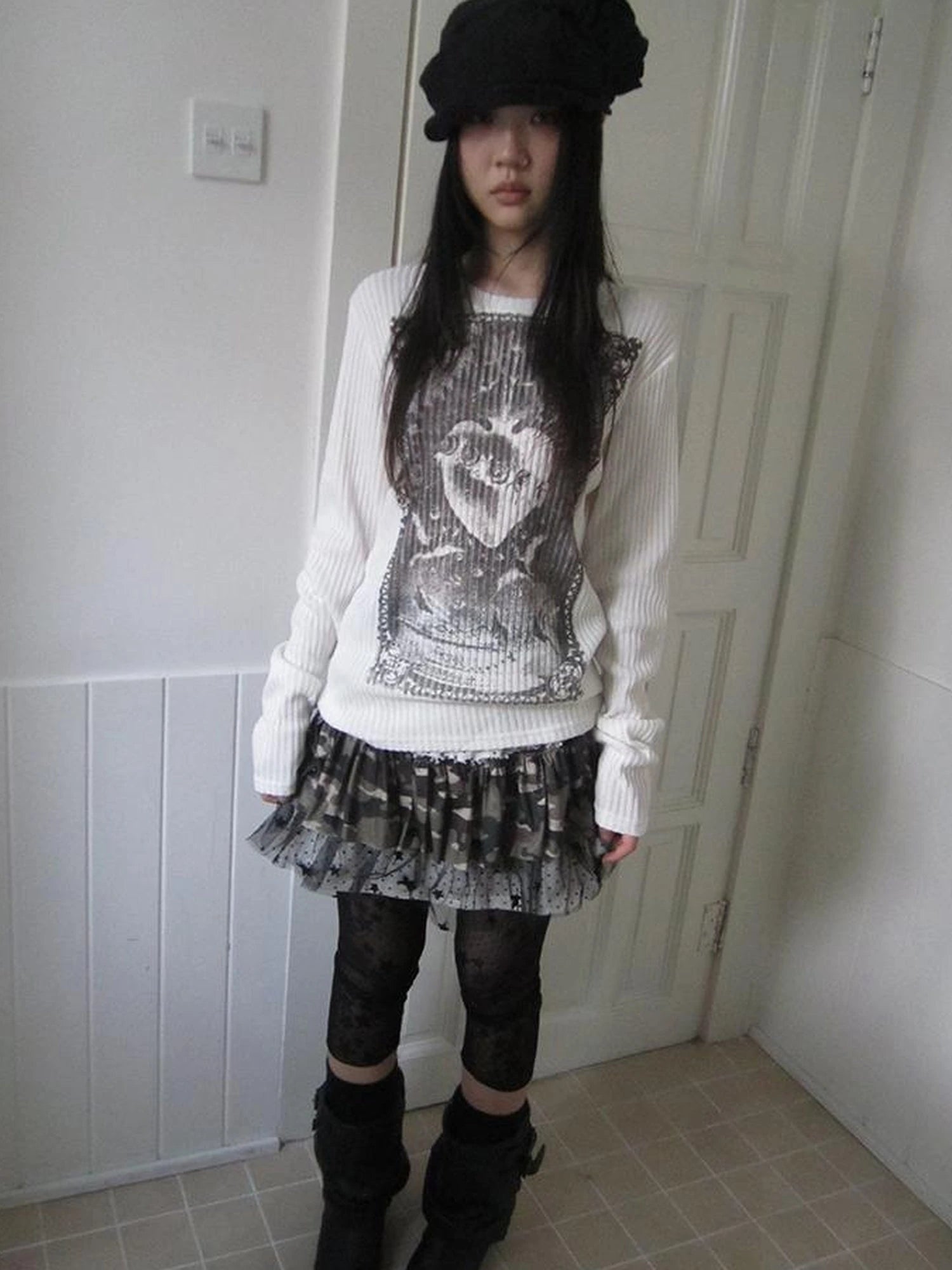 Vintage Print Knit Sweater Long Sleeve Autumn Elastic