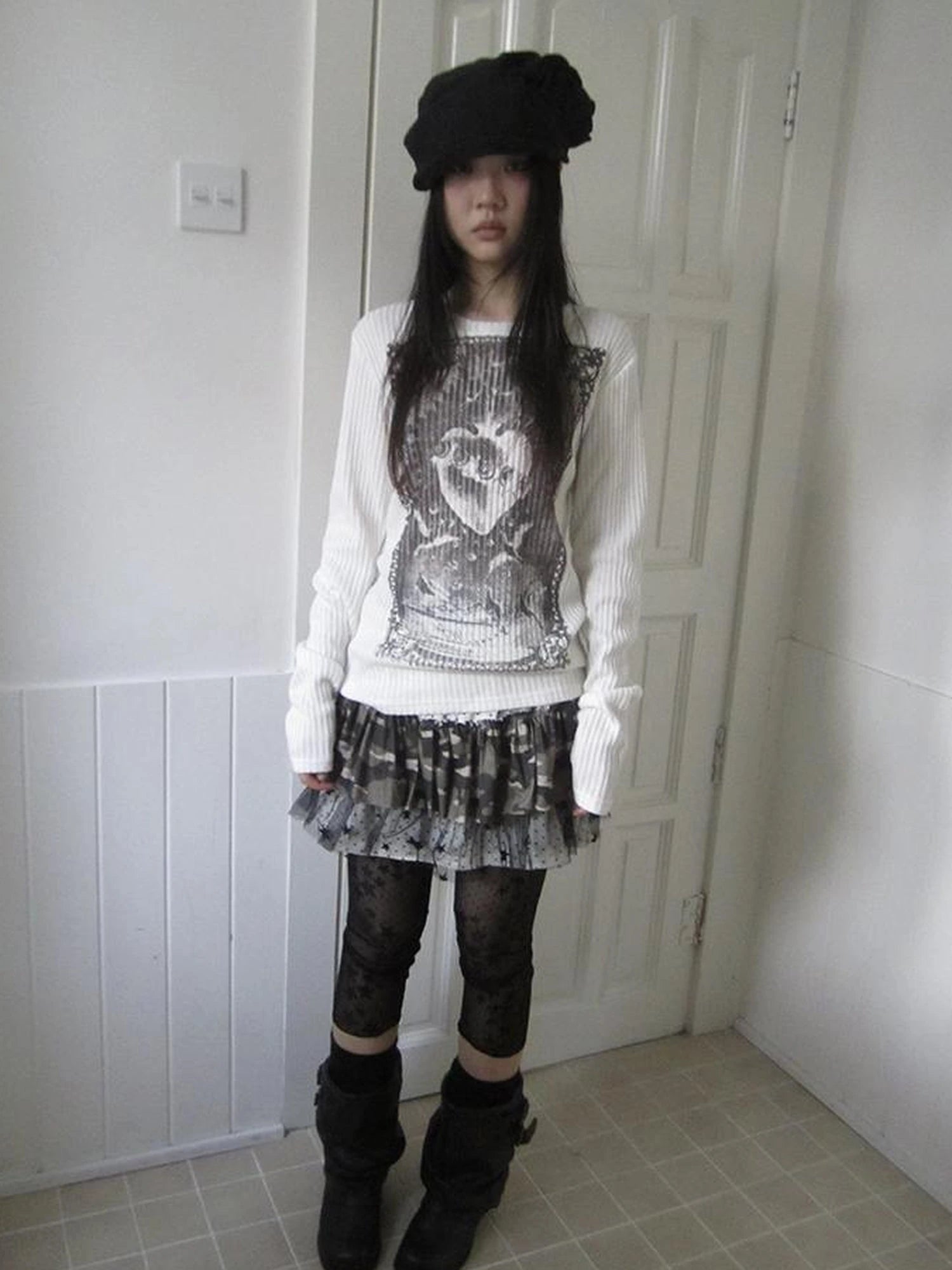 Vintage Print Knit Sweater Long Sleeve Autumn Elastic