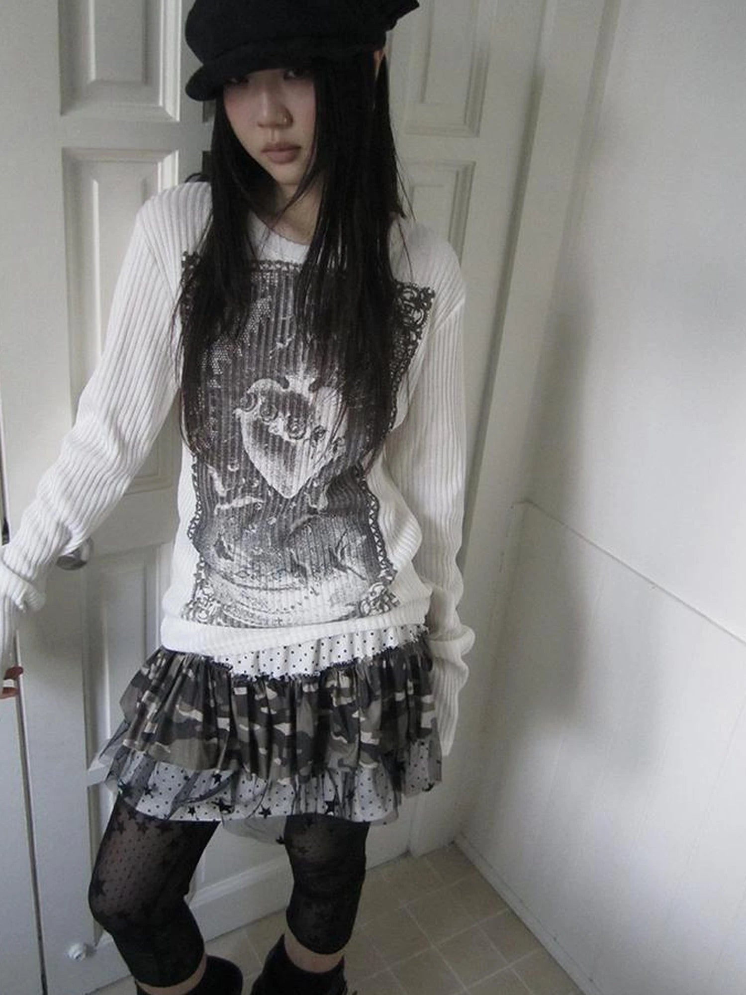 Vintage Print Knit Sweater Long Sleeve Autumn Elastic