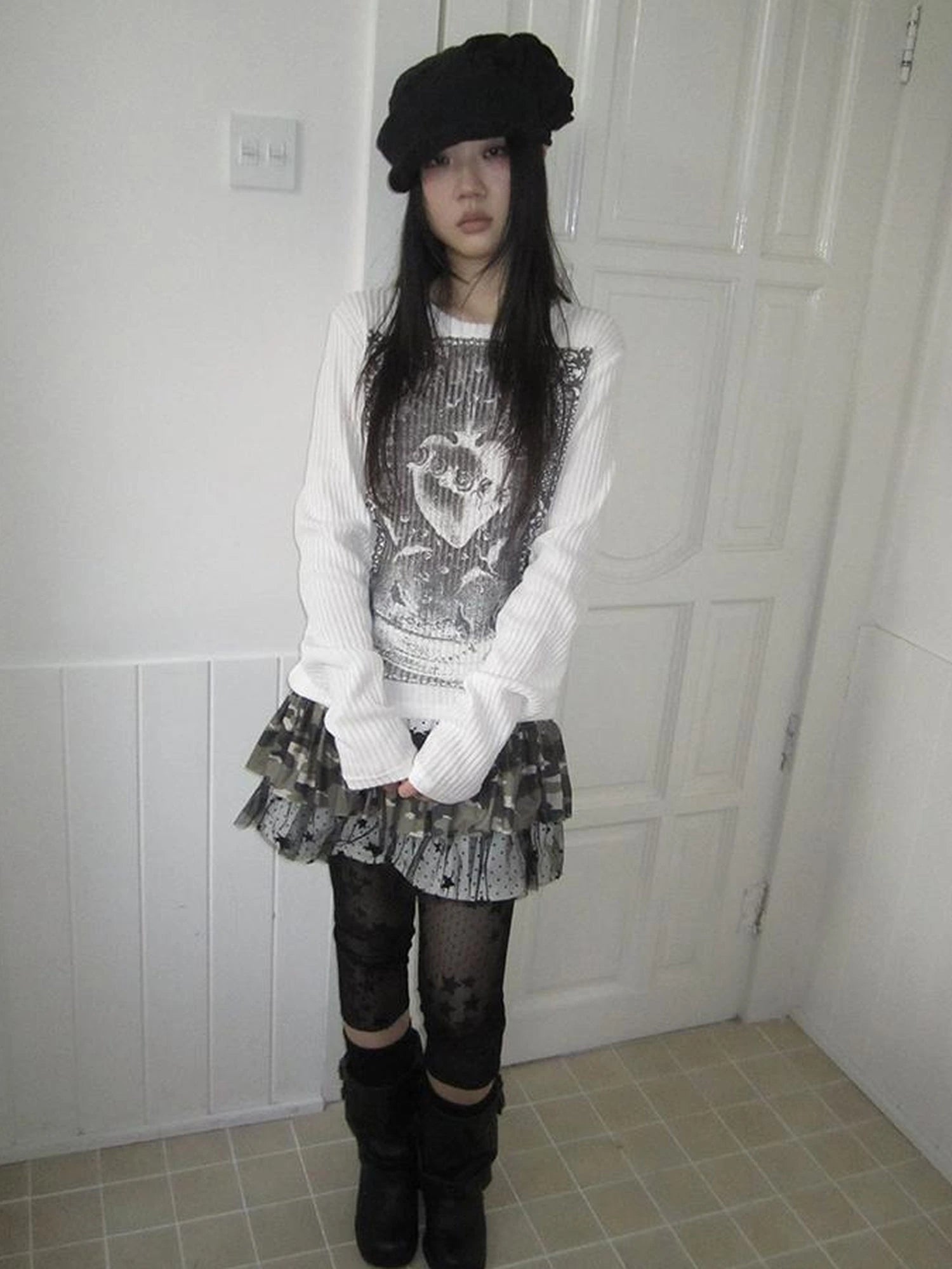 Vintage Print Knit Sweater Long Sleeve Autumn Elastic