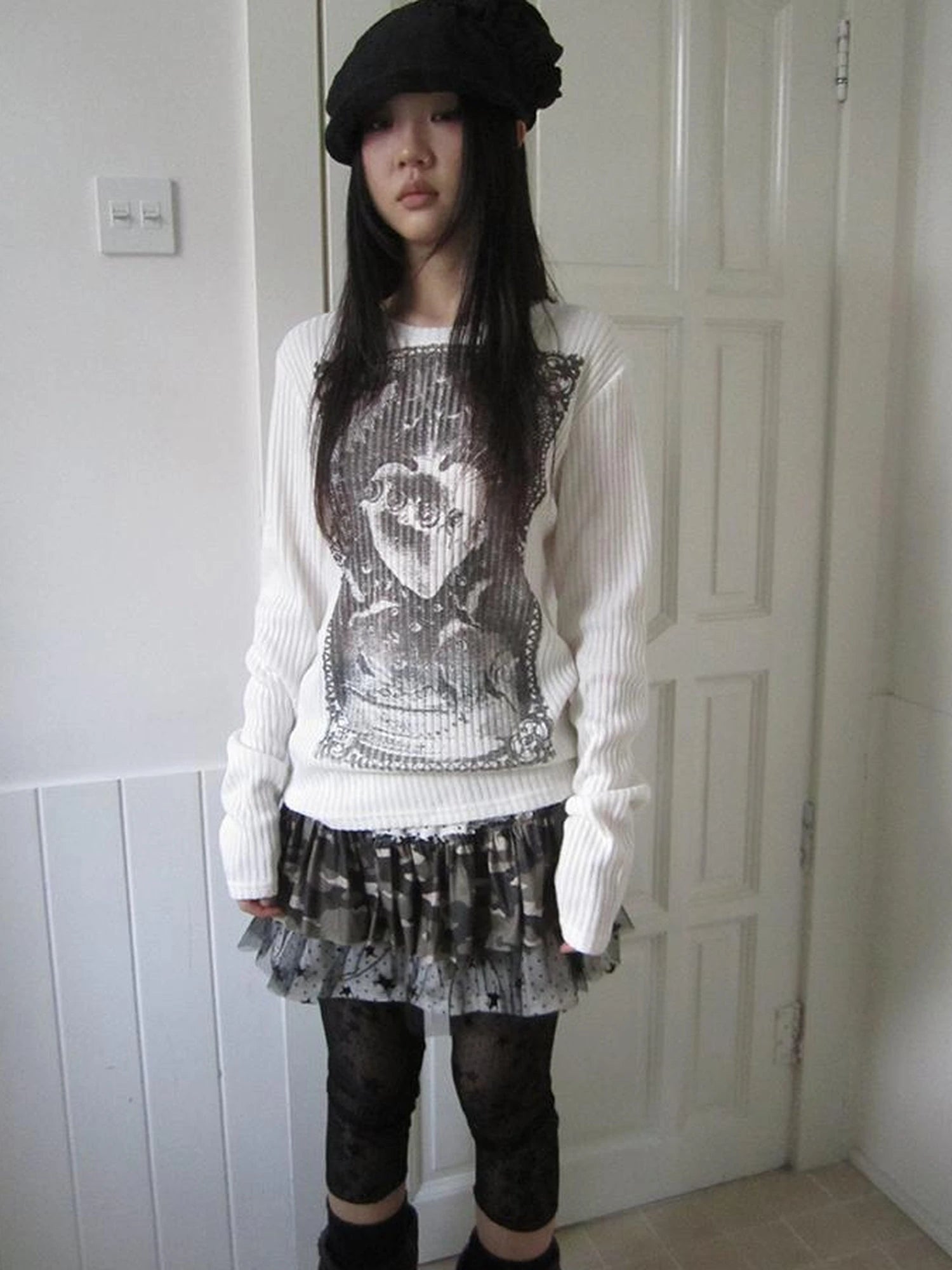 Vintage Print Knit Sweater Long Sleeve Autumn Elastic