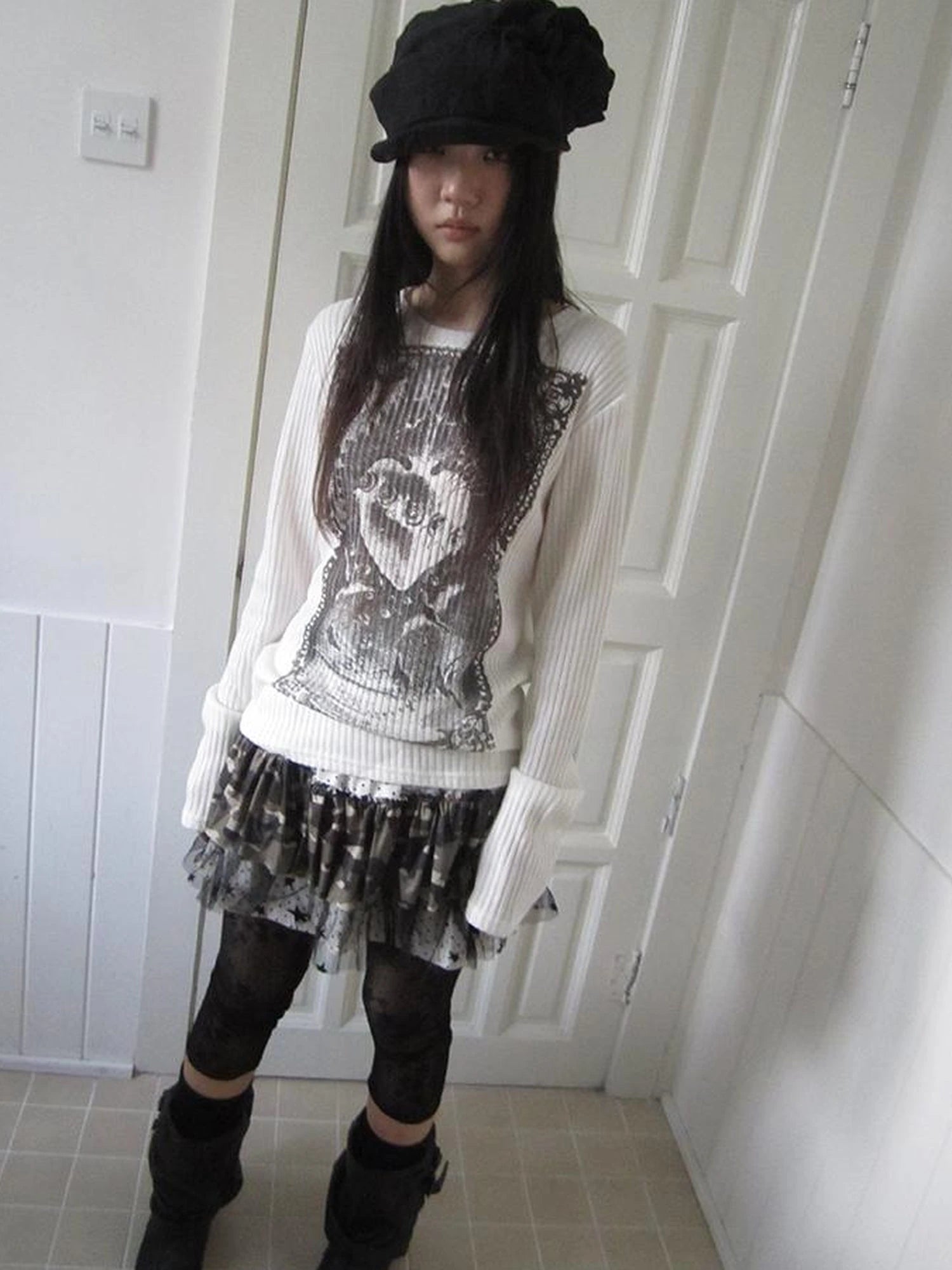 Vintage Print Knit Sweater Long Sleeve Autumn Elastic