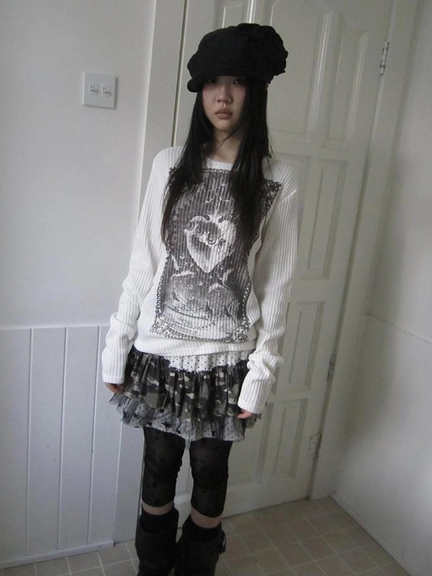 Vintage Print Knit Sweater Long Sleeve Autumn Elastic