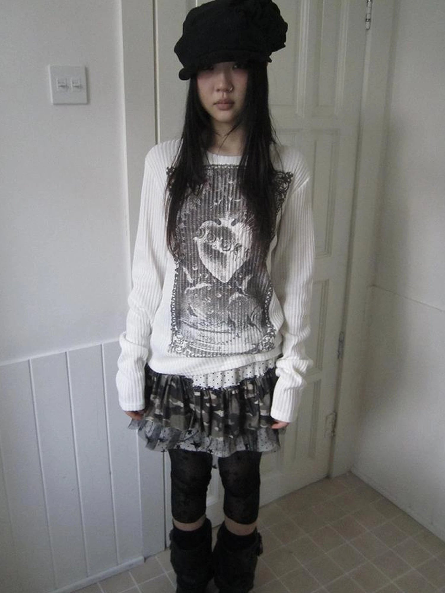 Vintage Print Knit Sweater Long Sleeve Autumn Elastic