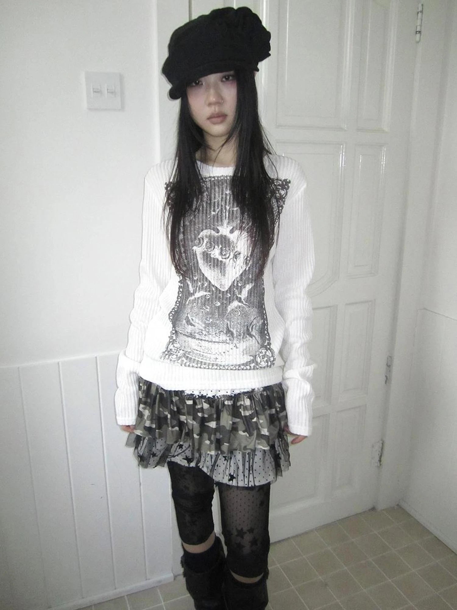 Vintage Print Knit Sweater Long Sleeve Autumn Elastic