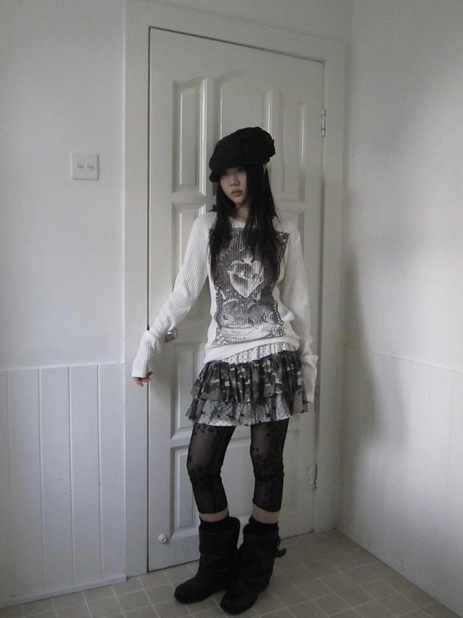 Vintage Print Knit Sweater Long Sleeve Autumn Elastic