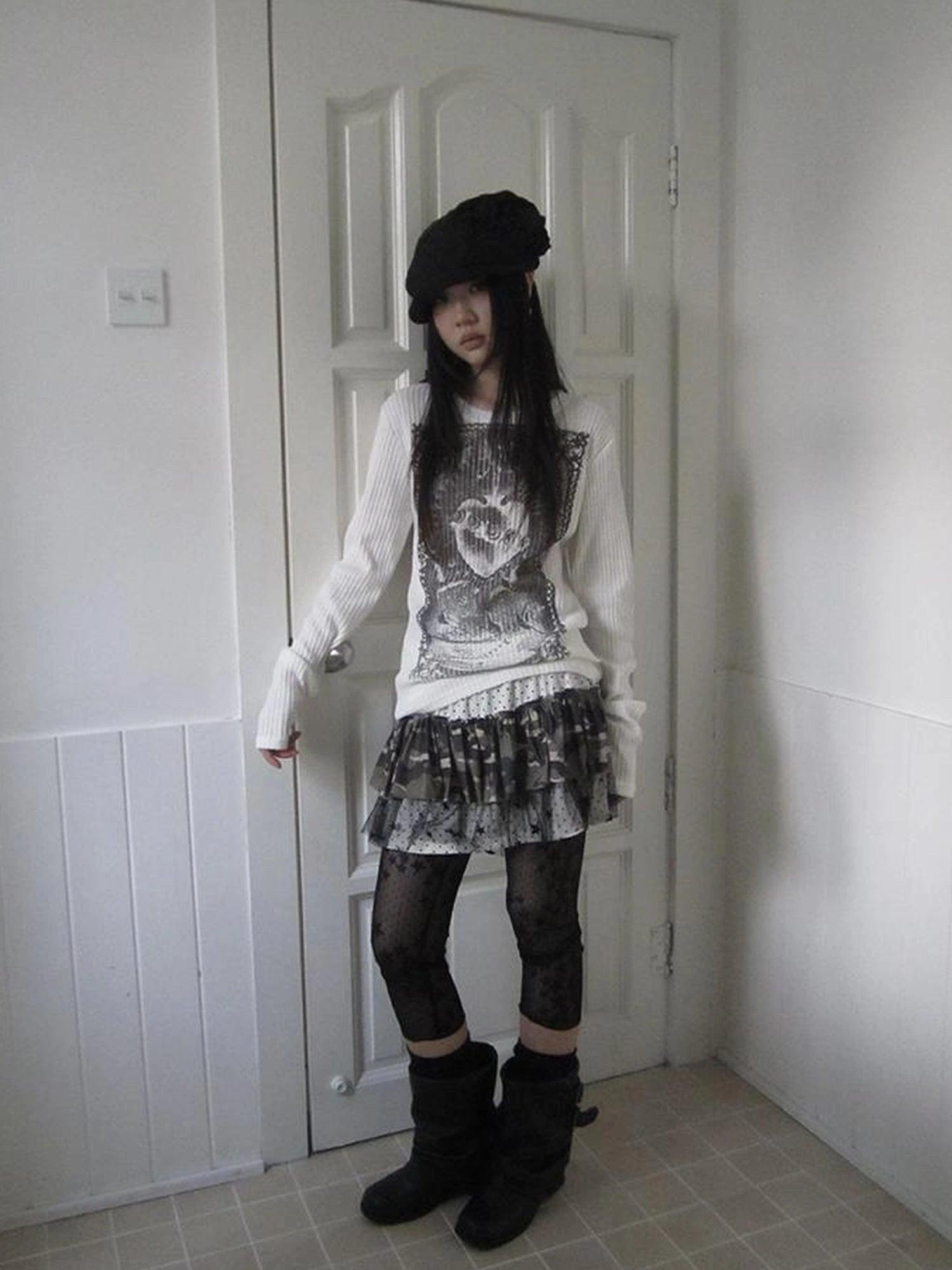 Vintage Print Knit Sweater Long Sleeve Autumn Elastic