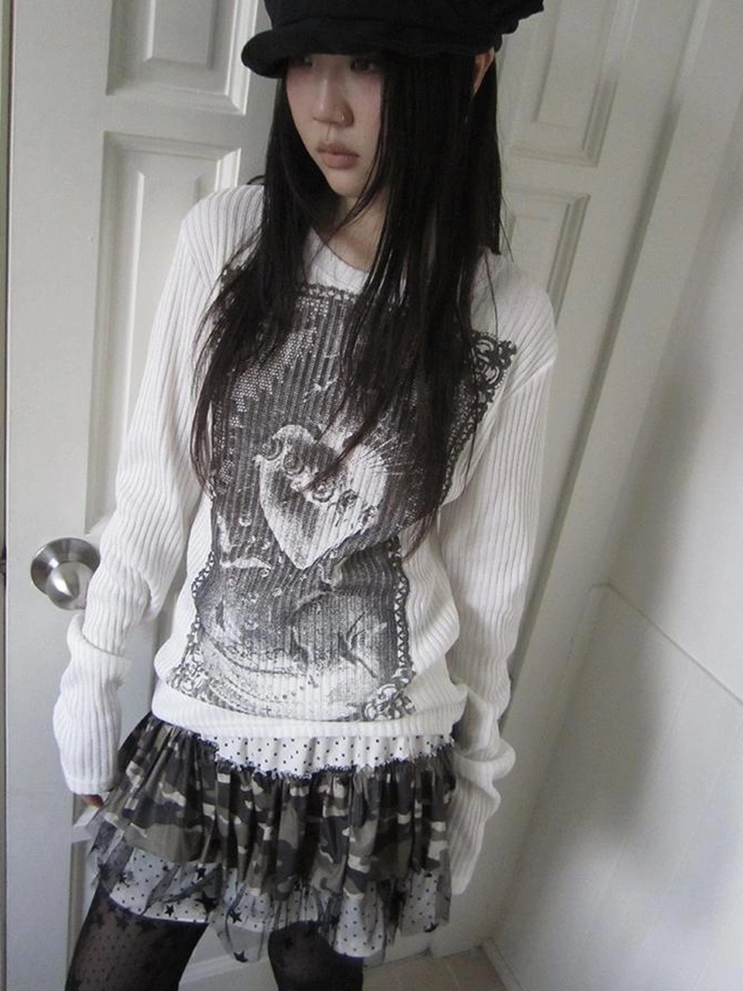 Vintage Print Knit Sweater Long Sleeve Autumn Elastic