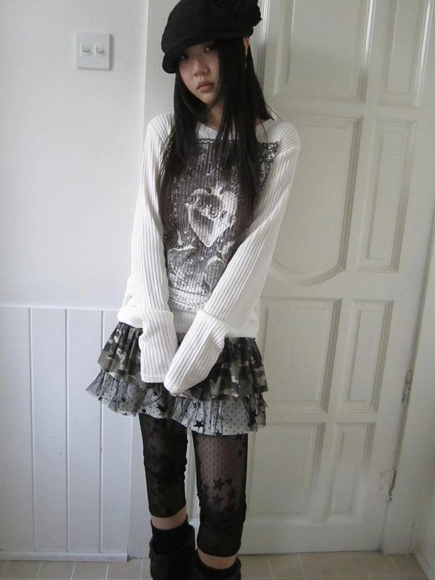 Vintage Print Knit Sweater Long Sleeve Autumn Elastic