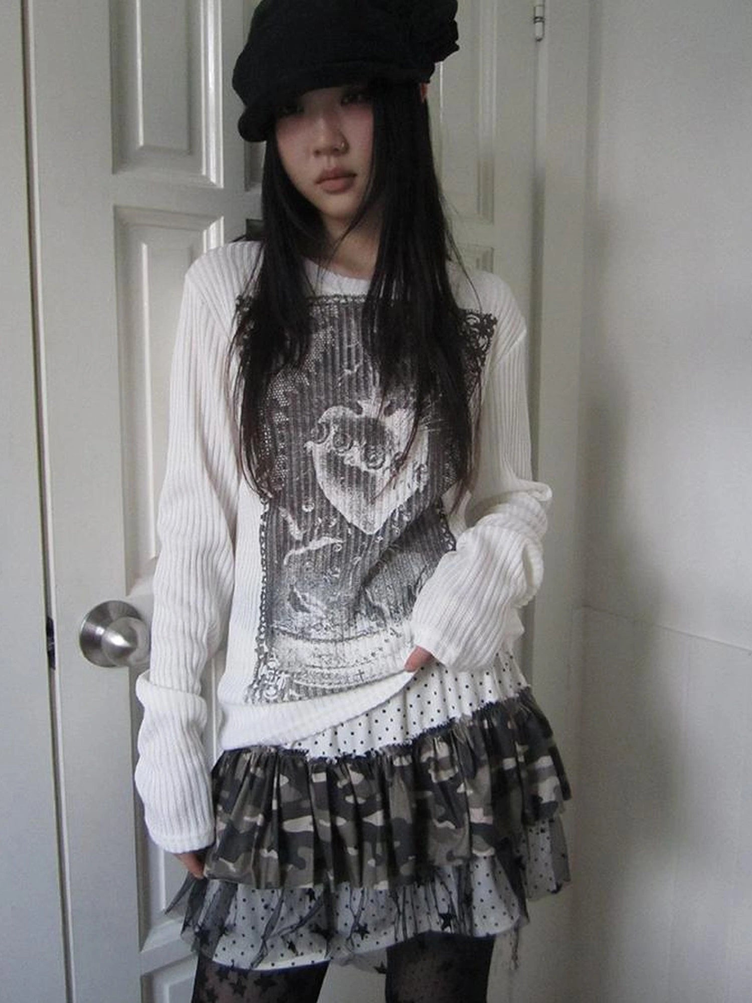 Vintage Print Knit Sweater Long Sleeve Autumn Elastic