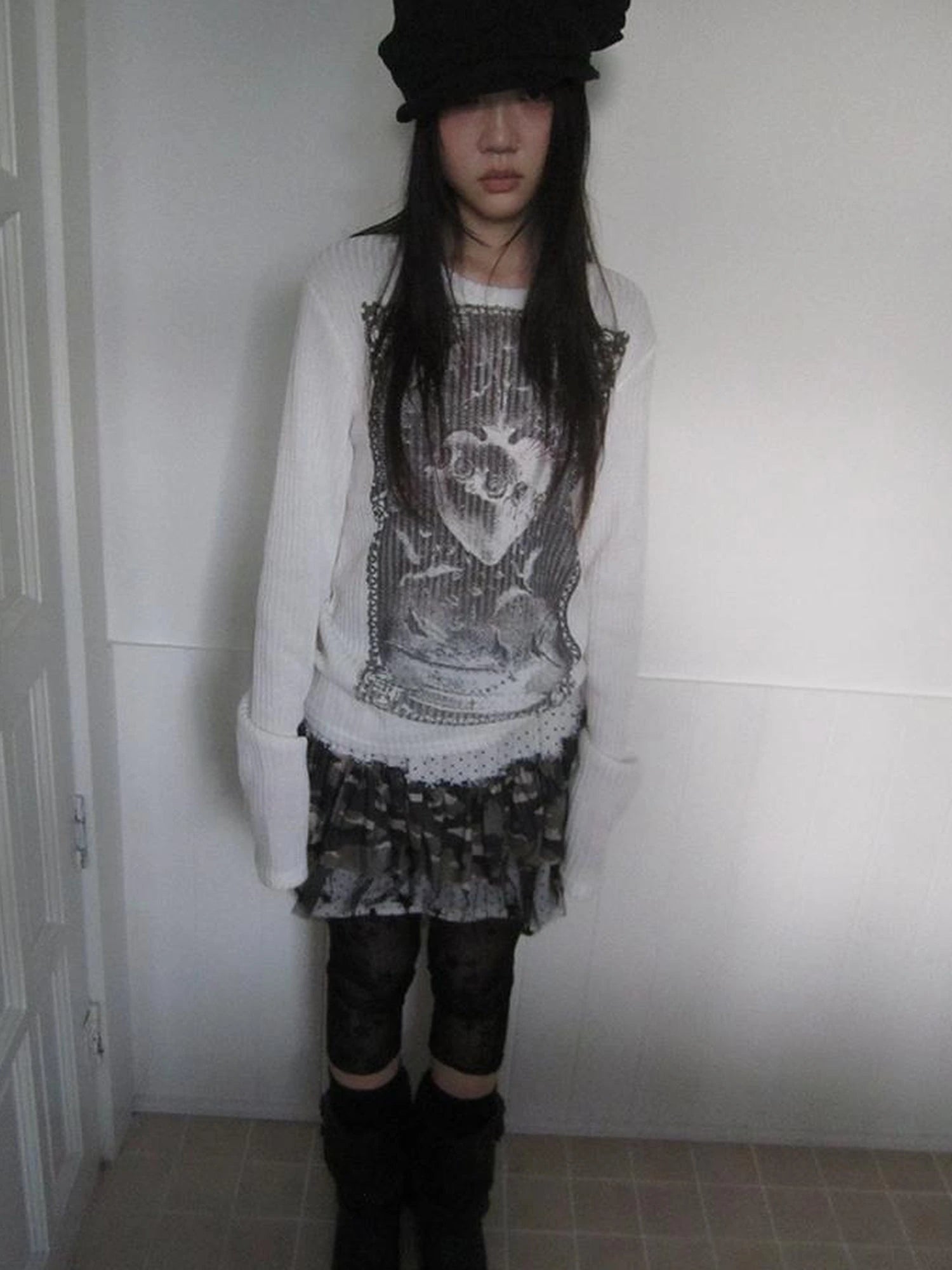 Vintage Print Knit Sweater Long Sleeve Autumn Elastic