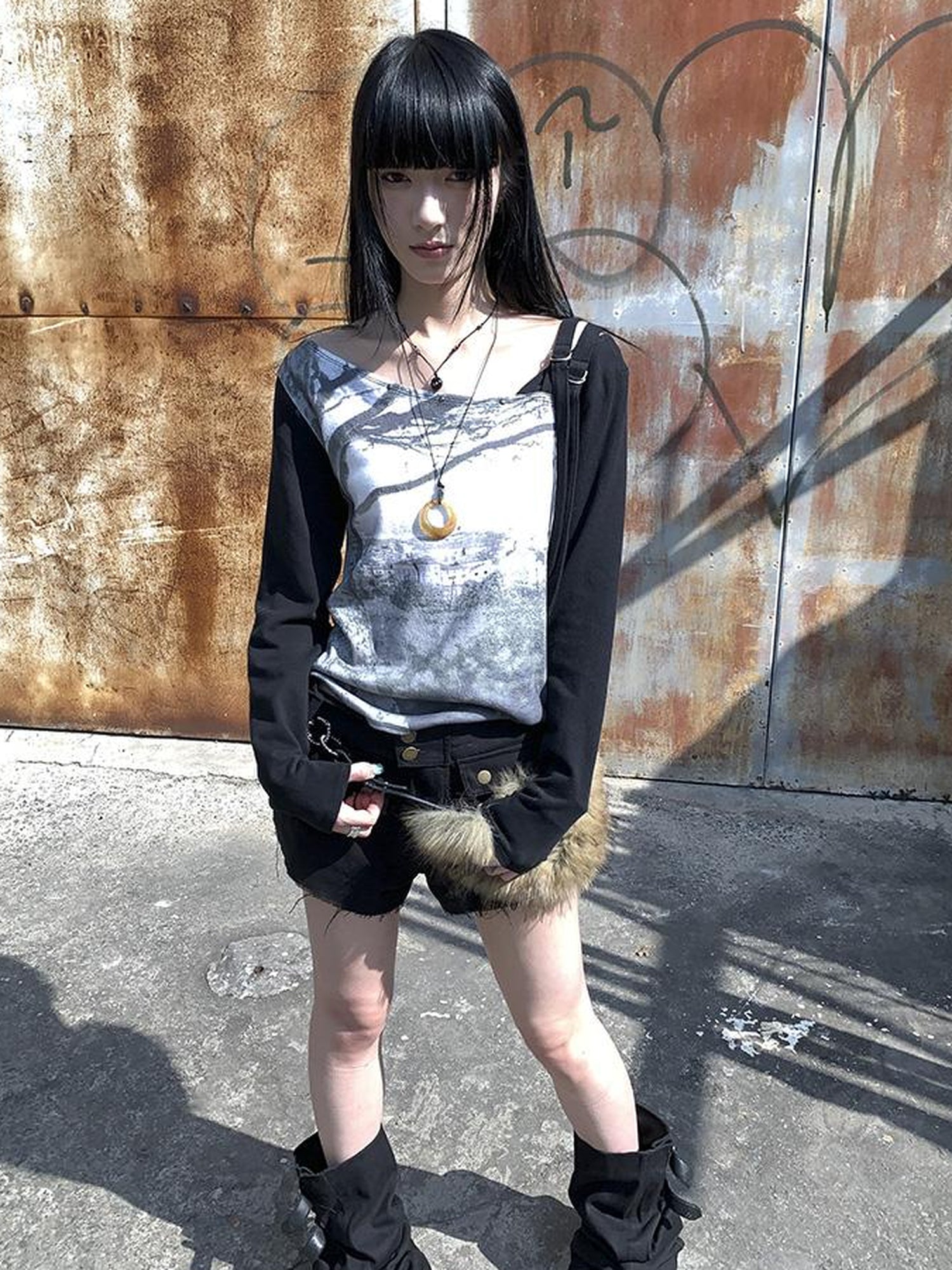 Updateang project Vintage Print Patchwork Sleeve Tee