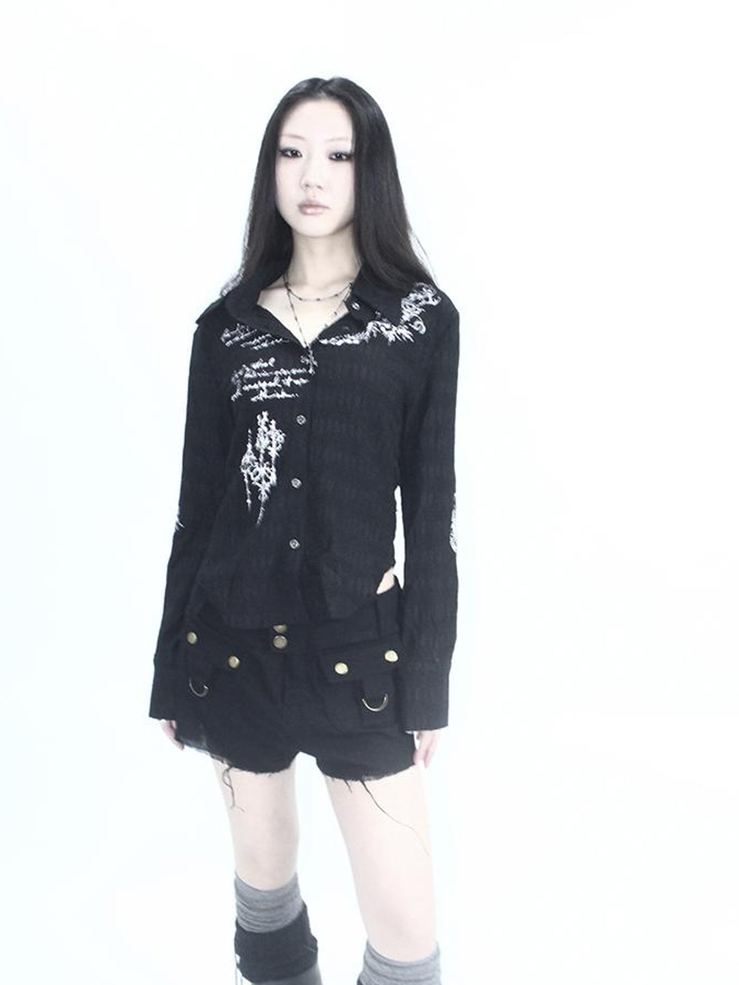 ang project Vintage Punk Print Textured Slim Fit Short Button Up Shirt