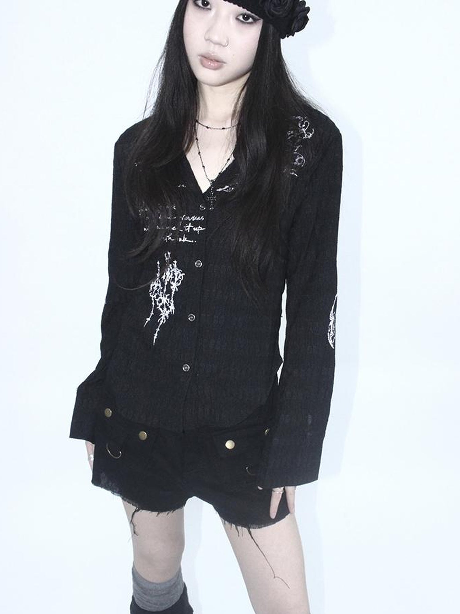 ang project Vintage Punk Print Textured Slim Fit Short Button Up Shirt