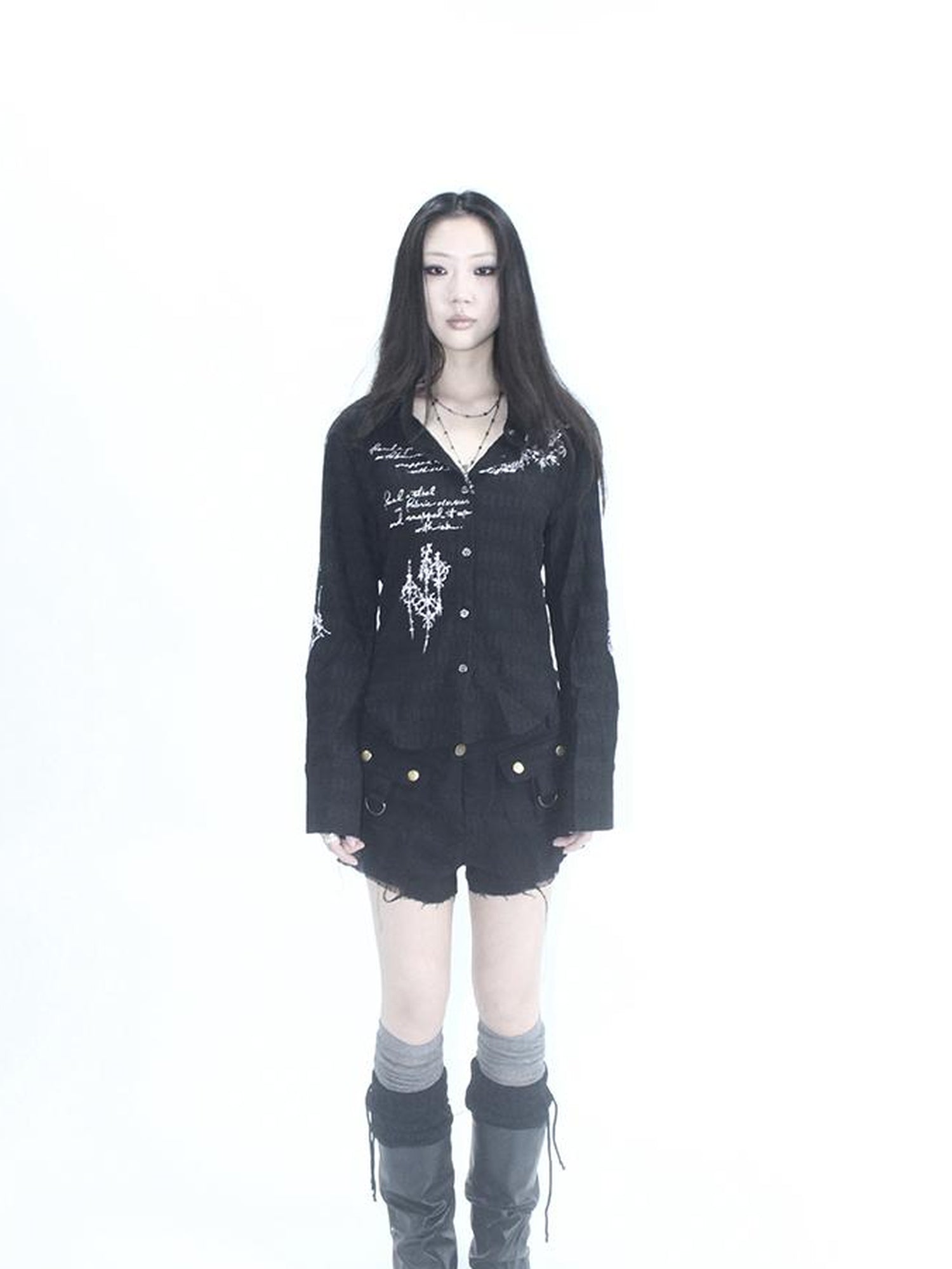 ang project Vintage Punk Print Textured Slim Fit Short Button Up Shirt