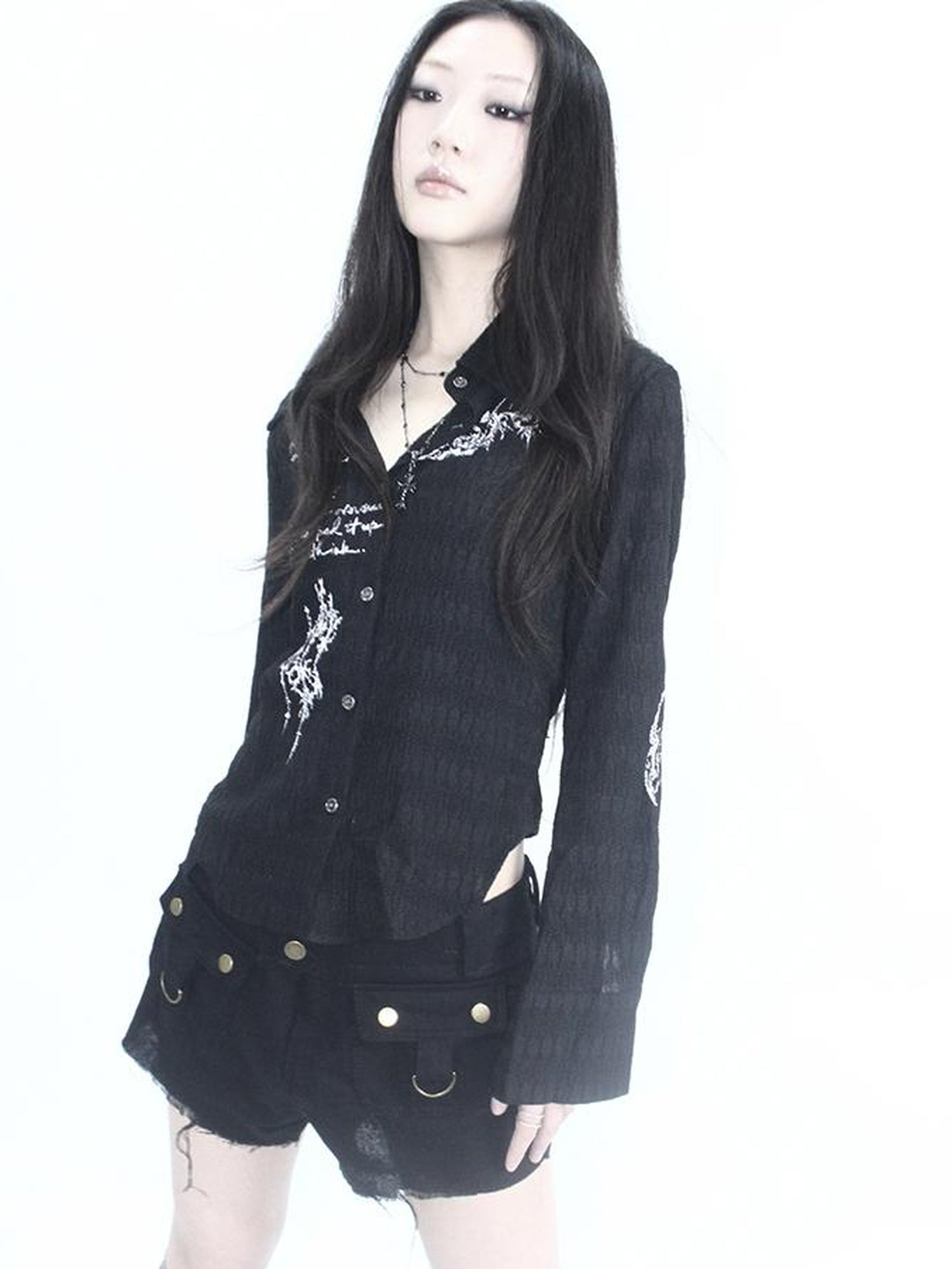 ang project Vintage Punk Print Textured Slim Fit Short Button Up Shirt