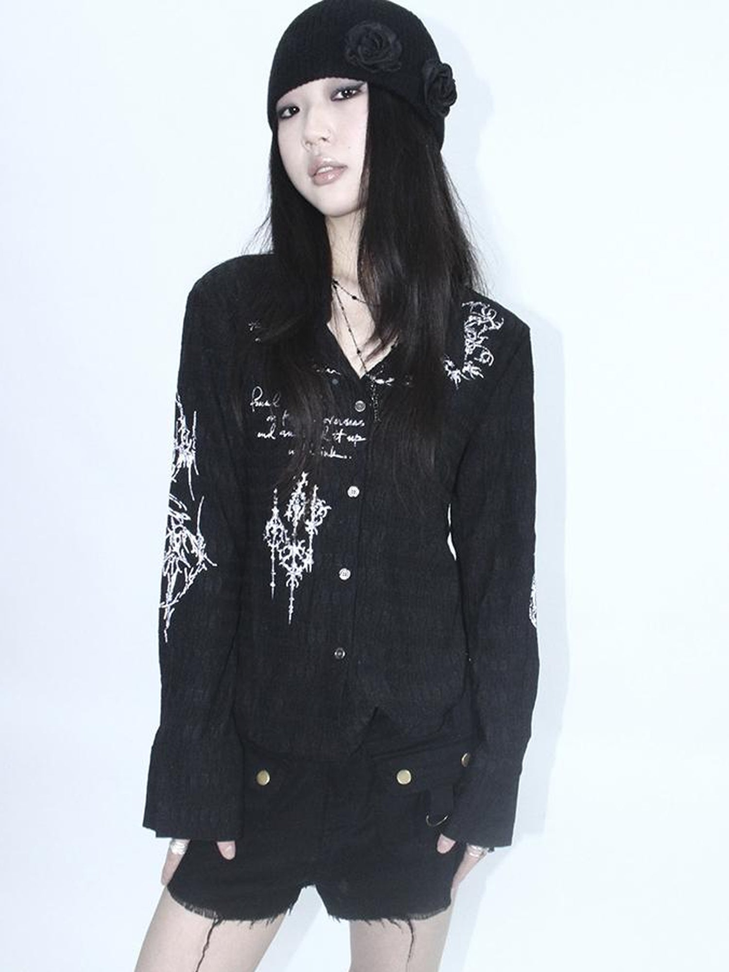 ang project Vintage Punk Print Textured Slim Fit Short Button Up Shirt