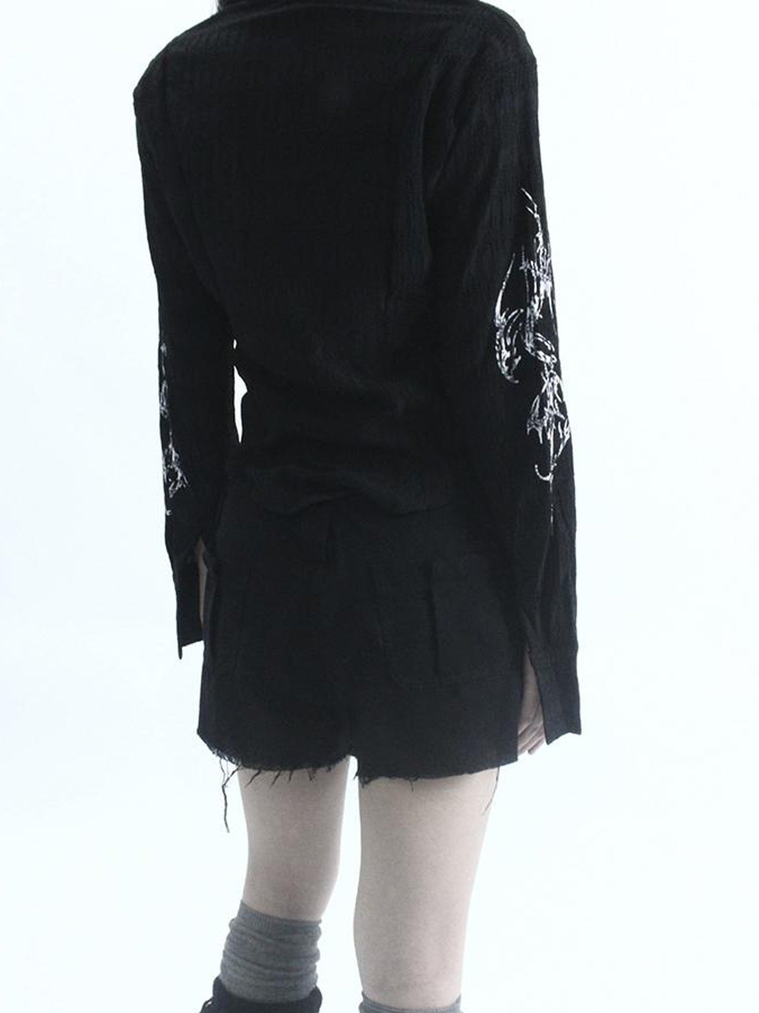 ang project Vintage Punk Print Textured Slim Fit Short Button Up Shirt