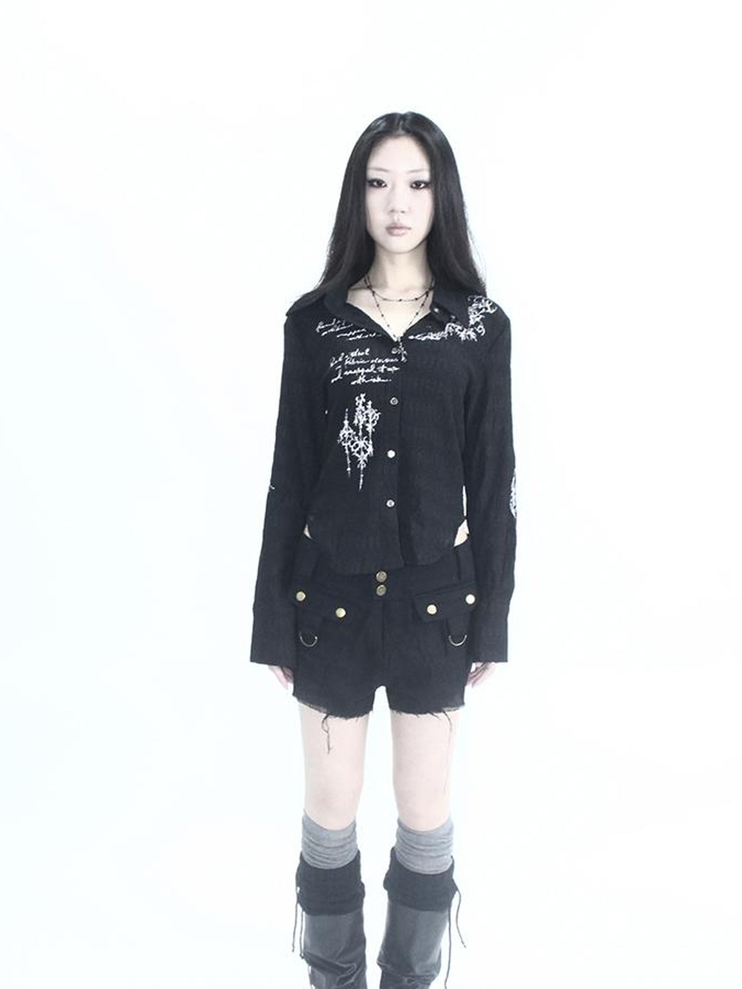 ang project Vintage Punk Print Textured Slim Fit Short Button Up Shirt