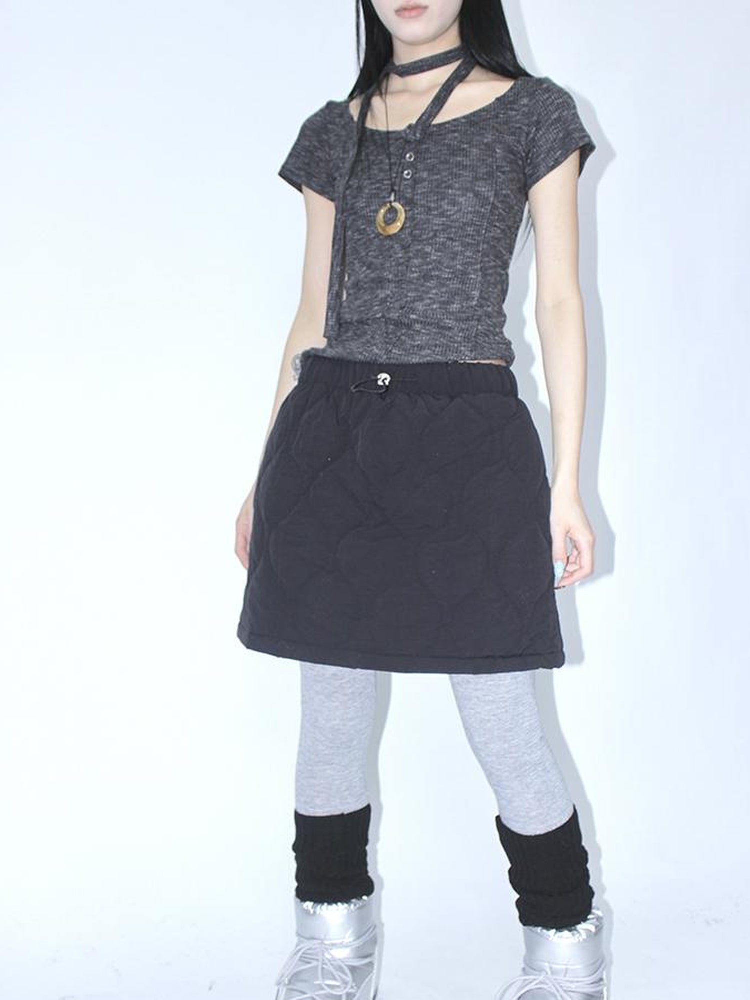 ang project Vintage Quilted A Line Mini Skirt with Elastic Waist