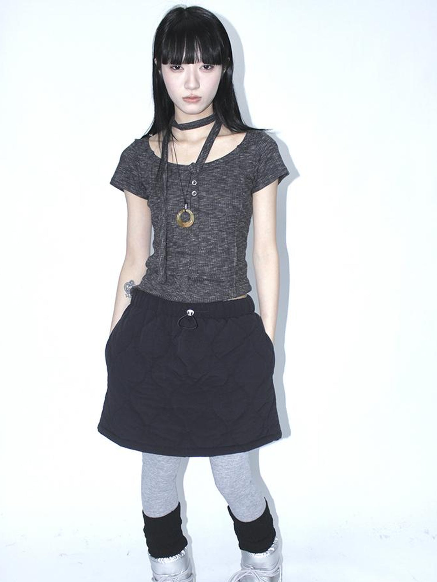 ang project Vintage Quilted A Line Mini Skirt with Elastic Waist