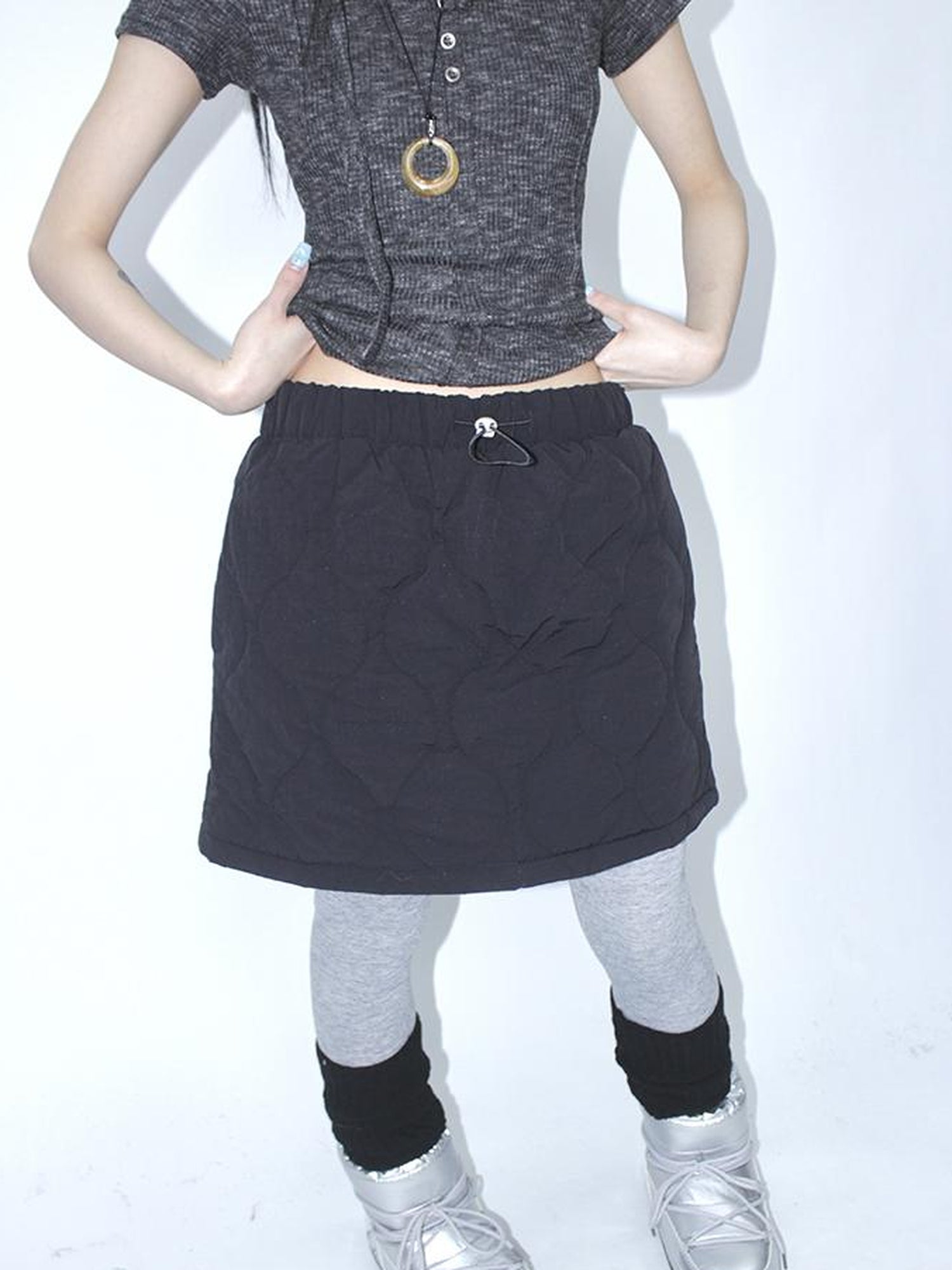 ang project Vintage Quilted A Line Mini Skirt with Elastic Waist