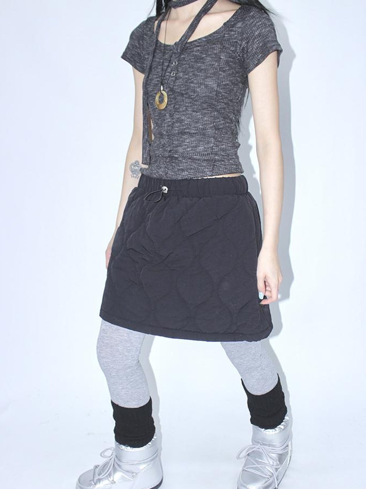 ang project Vintage Quilted A Line Mini Skirt with Elastic Waist