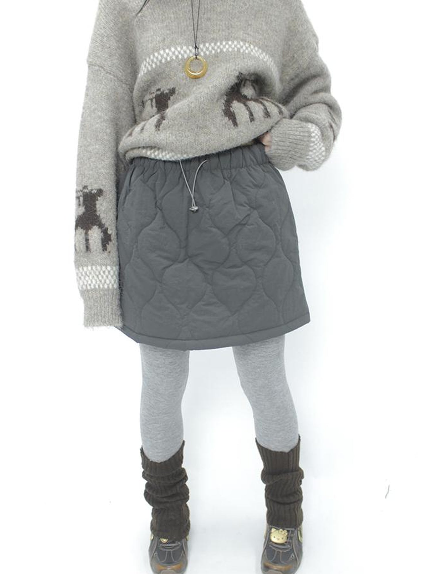 ang project Vintage Quilted A Line Mini Skirt with Elastic Waist