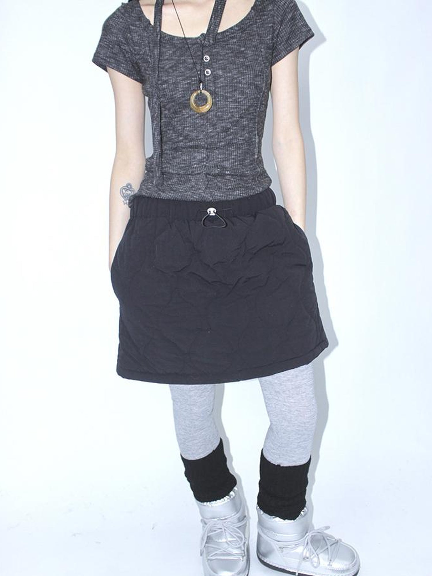 ang project Vintage Quilted A Line Mini Skirt with Elastic Waist