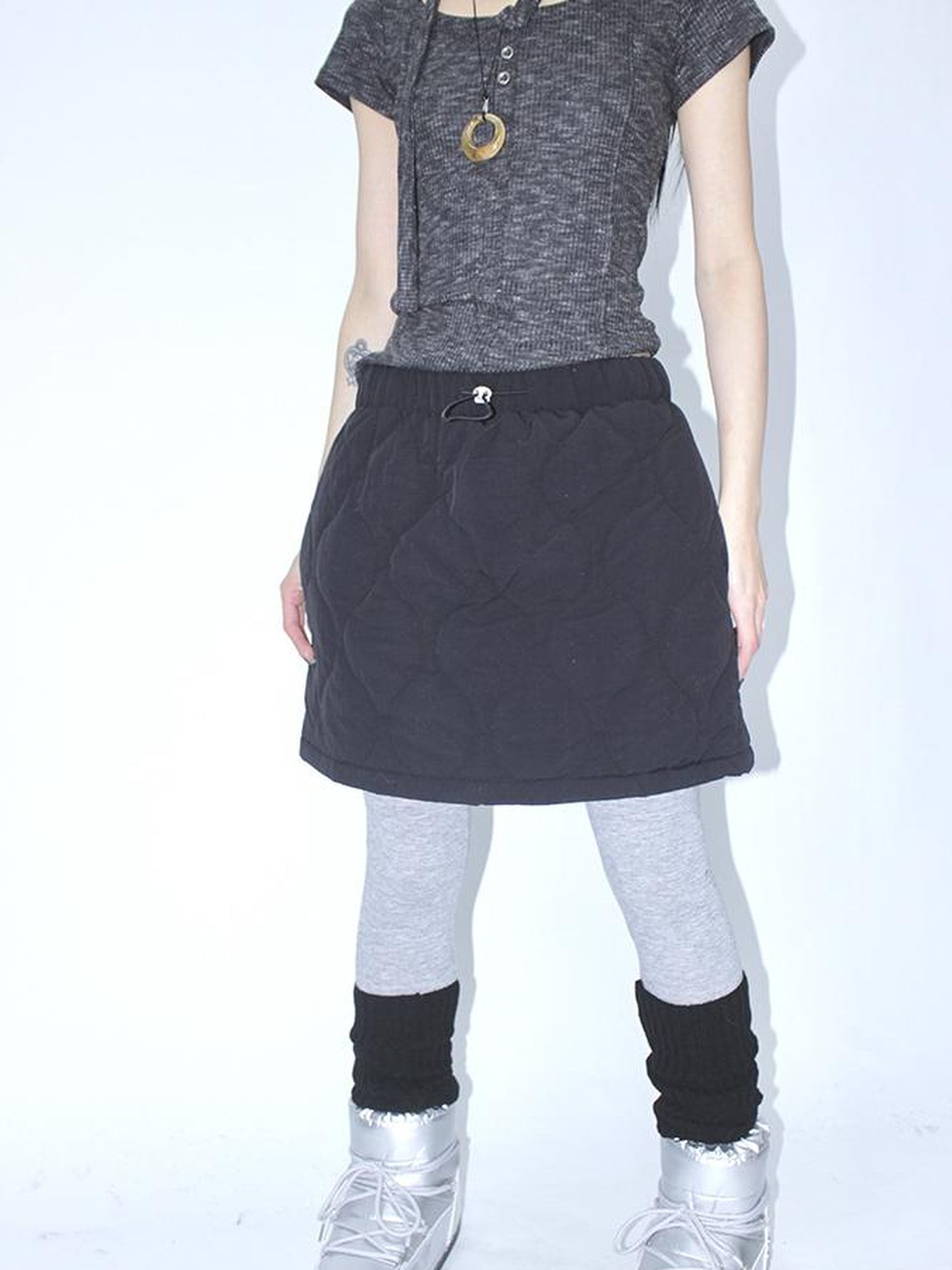 ang project Vintage Quilted A Line Mini Skirt with Elastic Waist